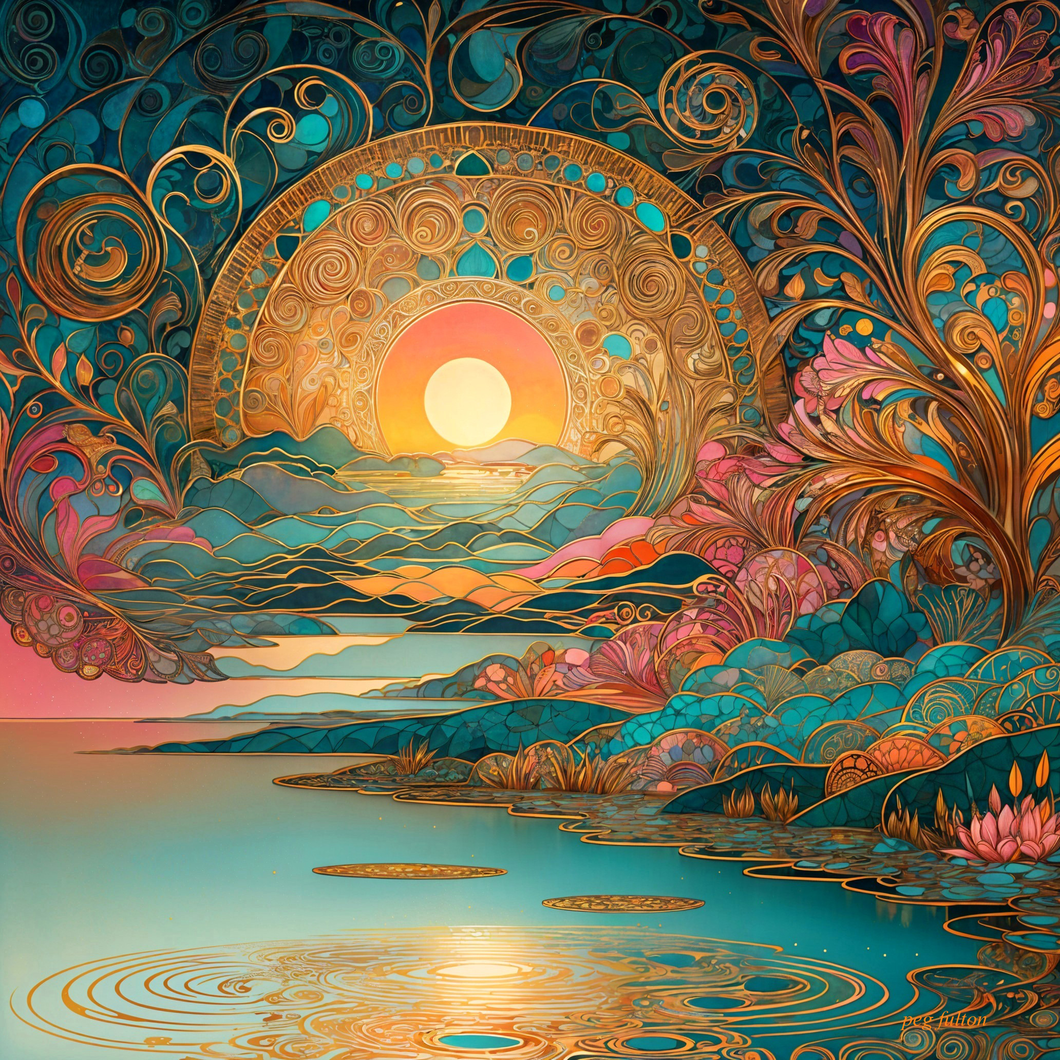 Vibrant Landscape with Serene Lake and Sunset Reflections