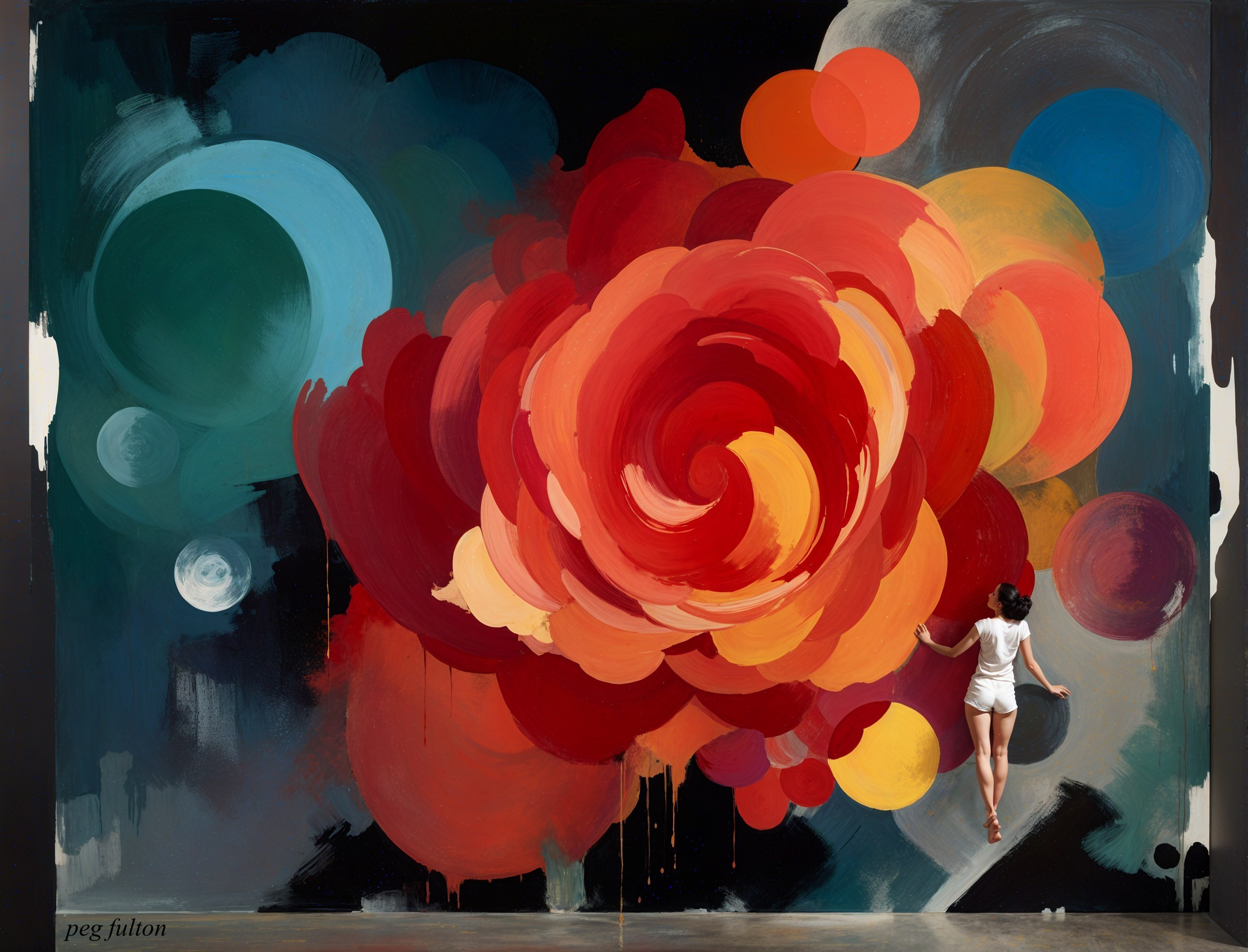 Vibrant mural of a swirling rose with abstract circles