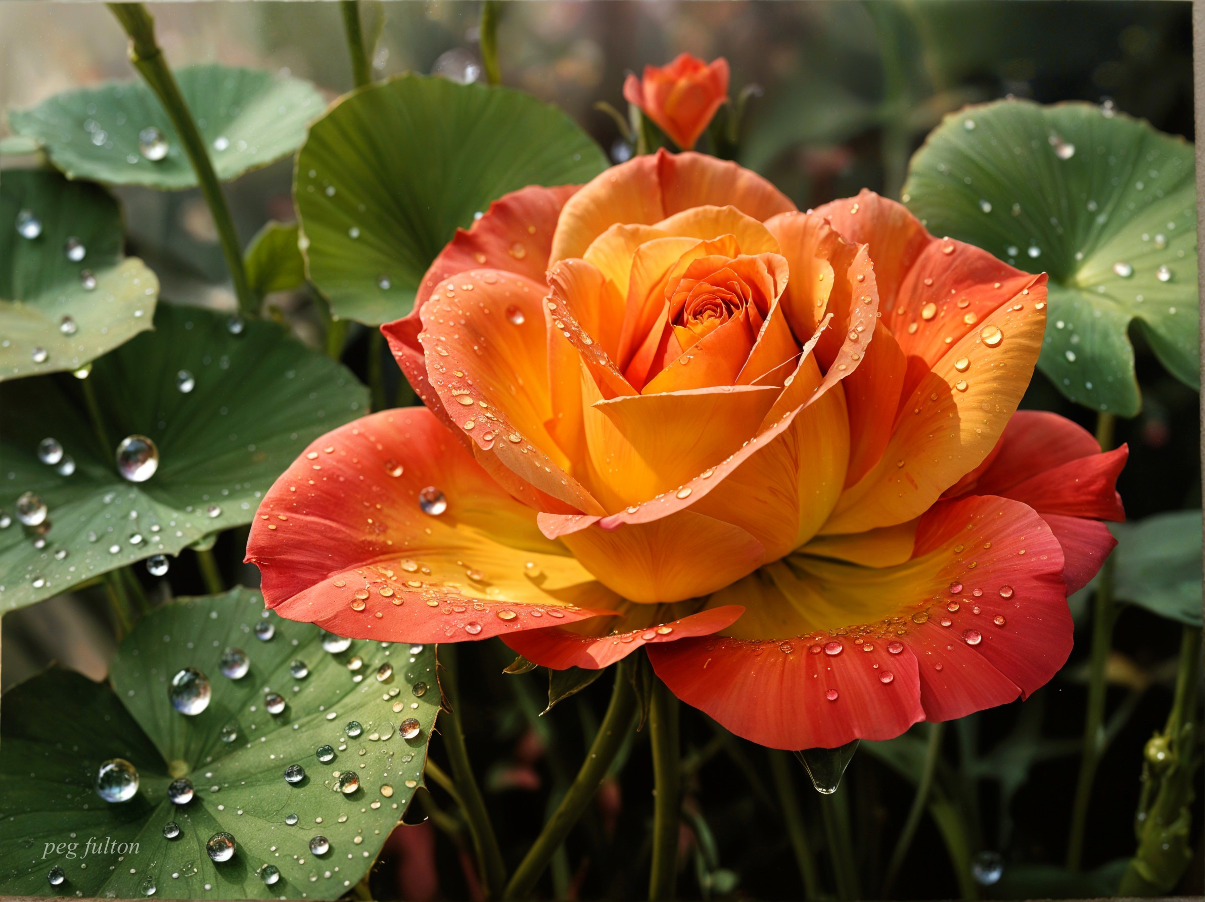 Vibrant Orange and Yellow Rose with Dewy Leaves