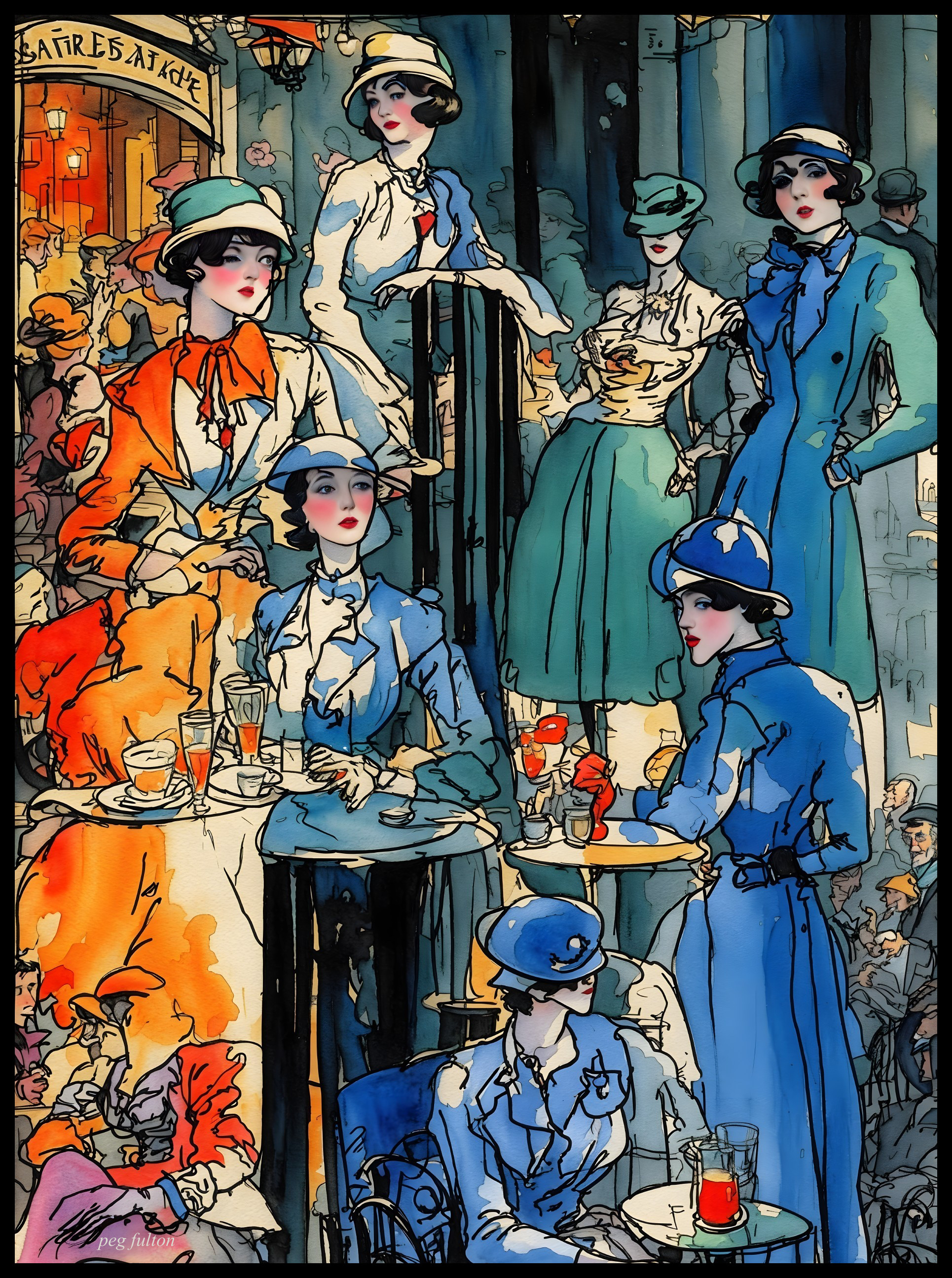 Vibrant Illustration of Early 20th Century Women