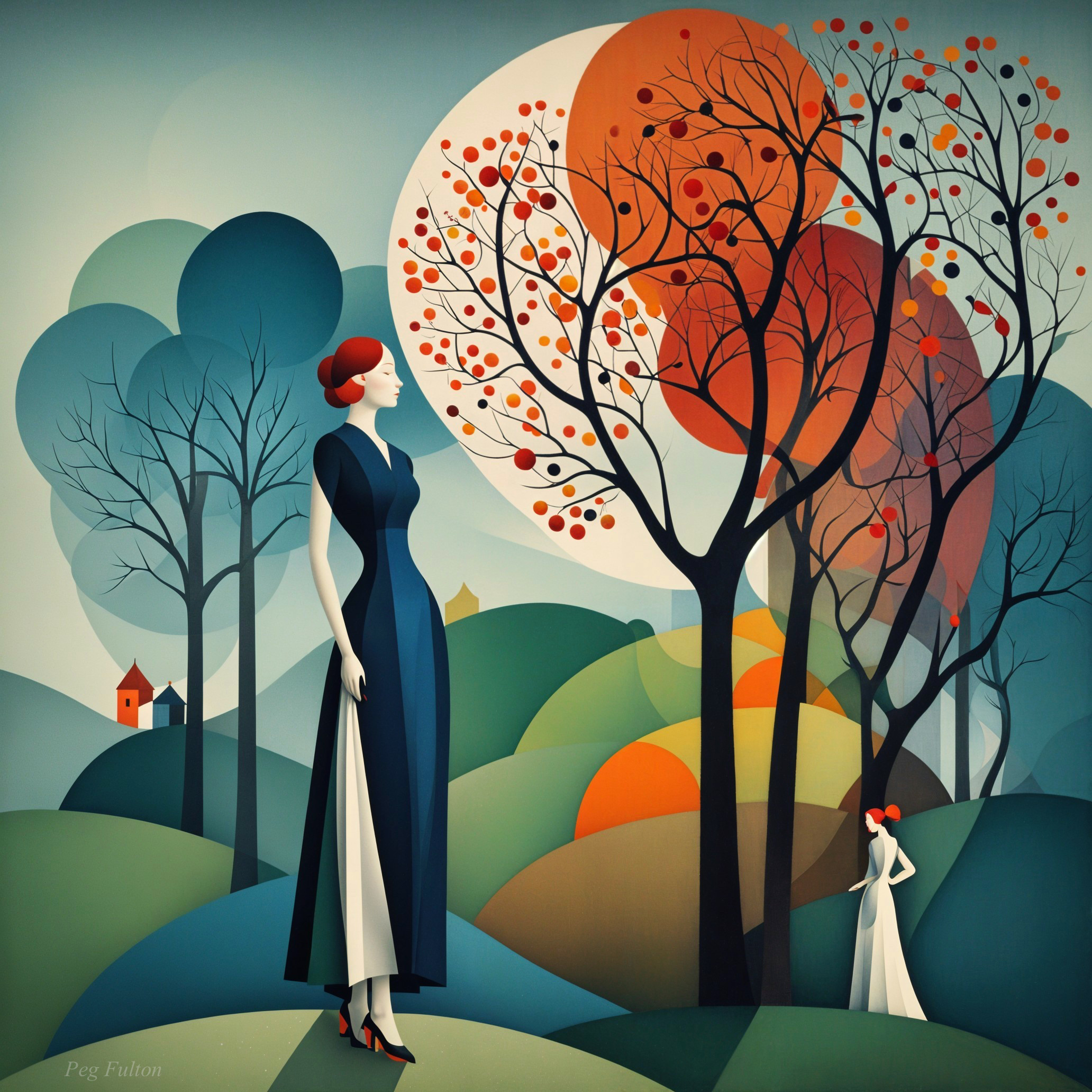 Stylized Female Figures in a Vibrant Landscape Scene