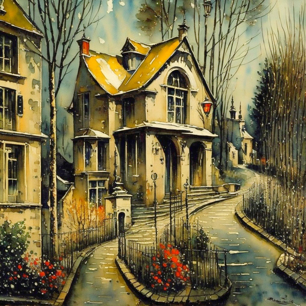 Colorful Watercolor Painting of Vintage House with Yellow Roof