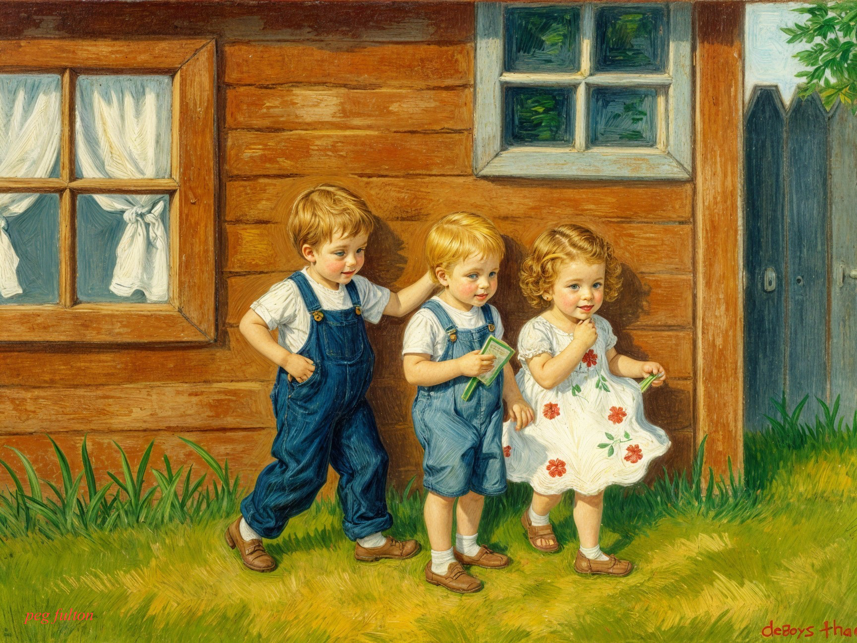 Children Playing Outside a Wooden Cabin on a Sunny Day