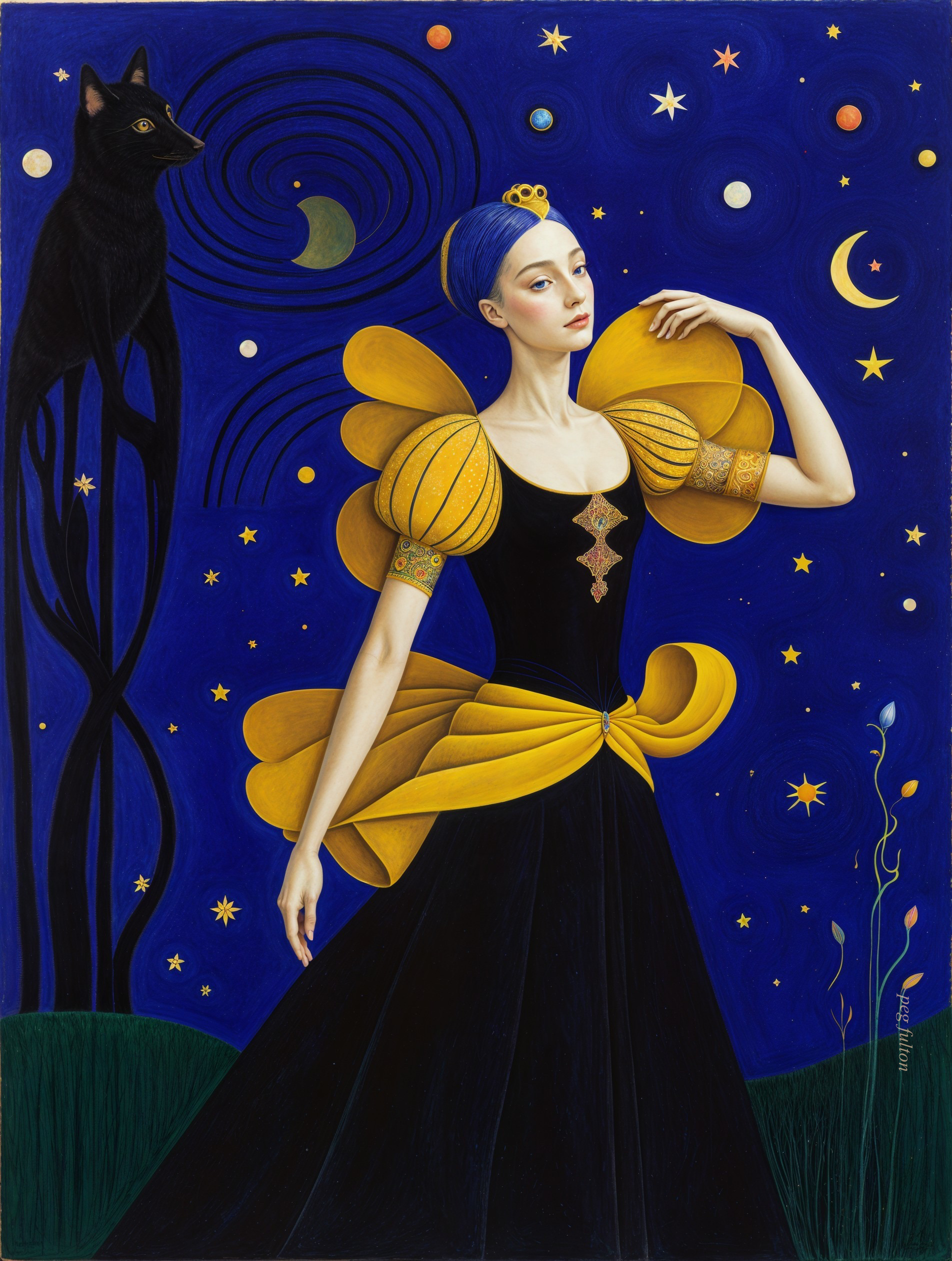 Elegant woman in black gown with yellow sleeves and cat