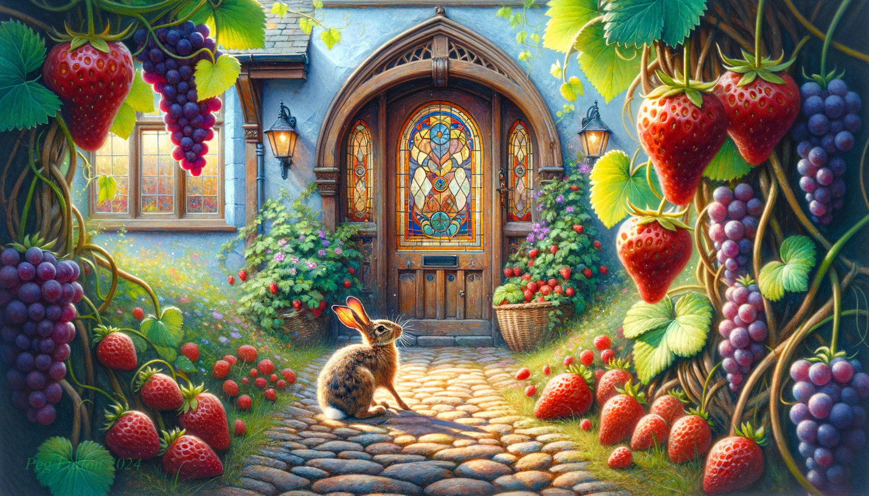 Charming Courtyard with Stone Pathway and Stained Glass