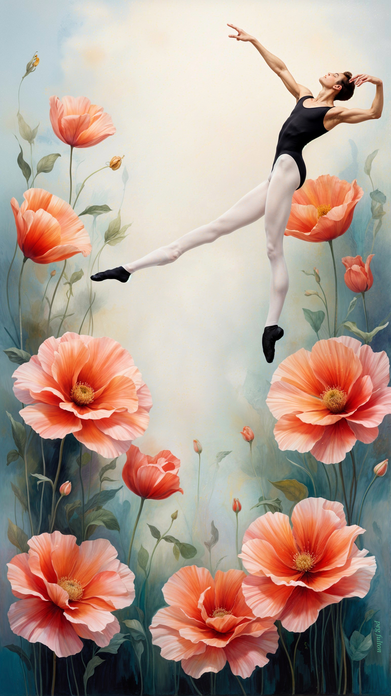 Ballet Dancer Among Vibrant Pink Poppies in Pastels