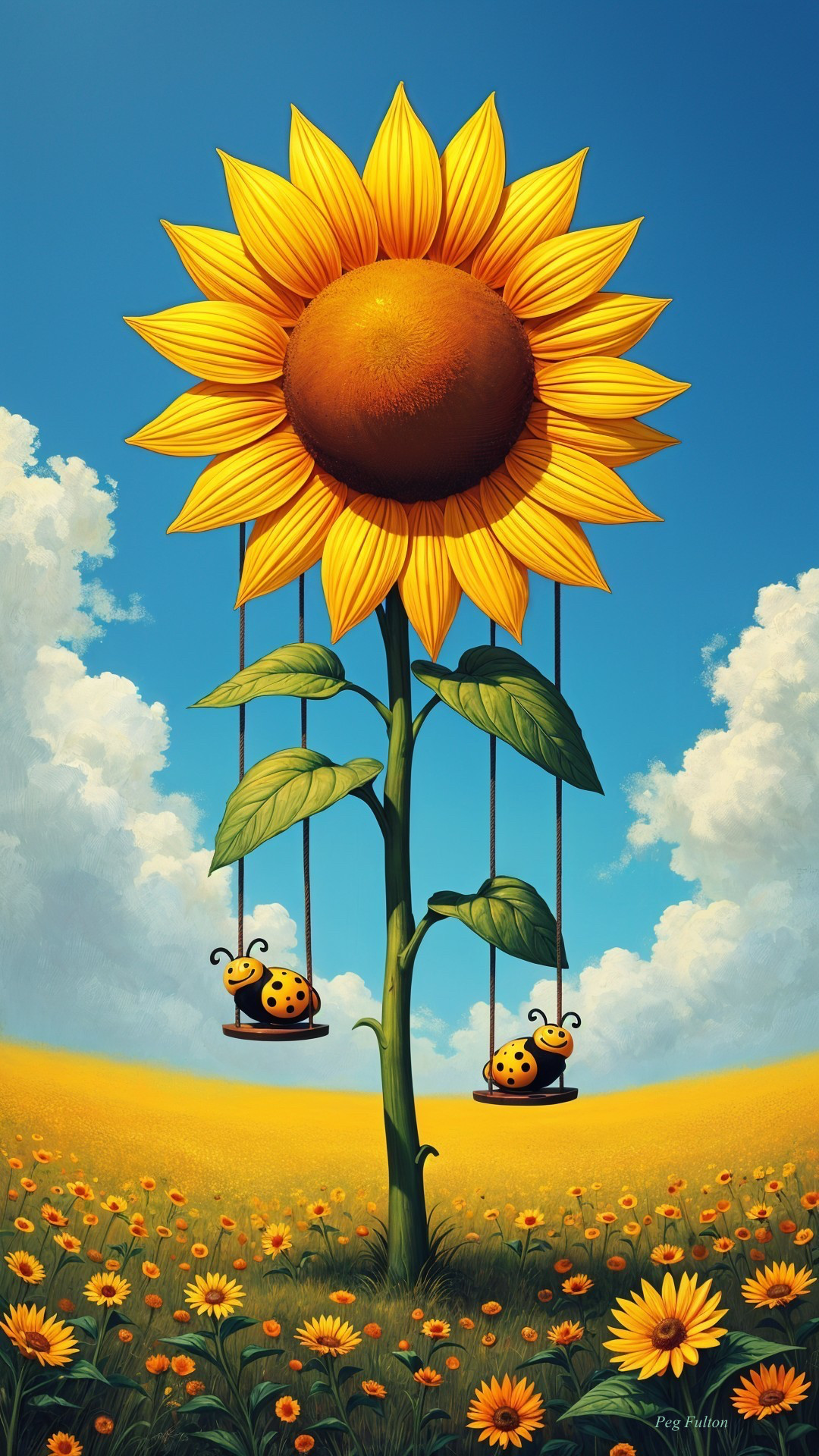 Whimsical Sunflower Scene with Ladybugs and Daisies