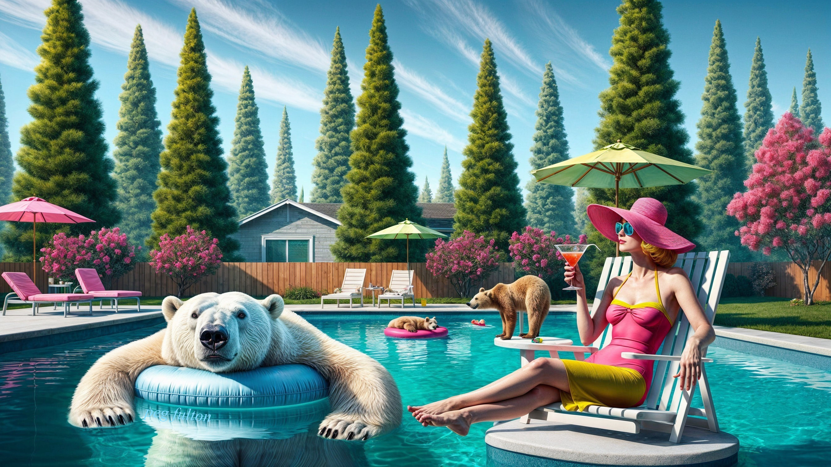 Whimsical Poolside Scene with Bears and Relaxation