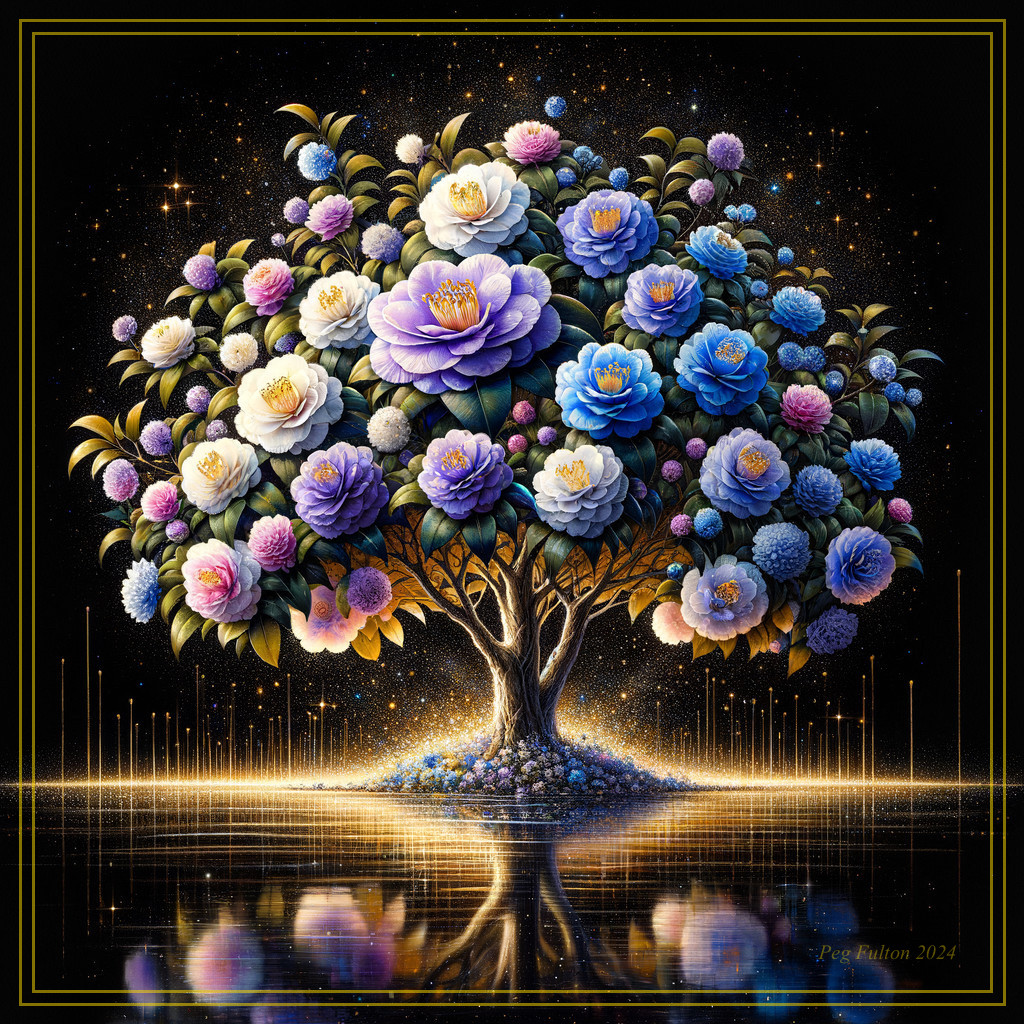 Vibrant tree with colorful flowers in cosmic setting