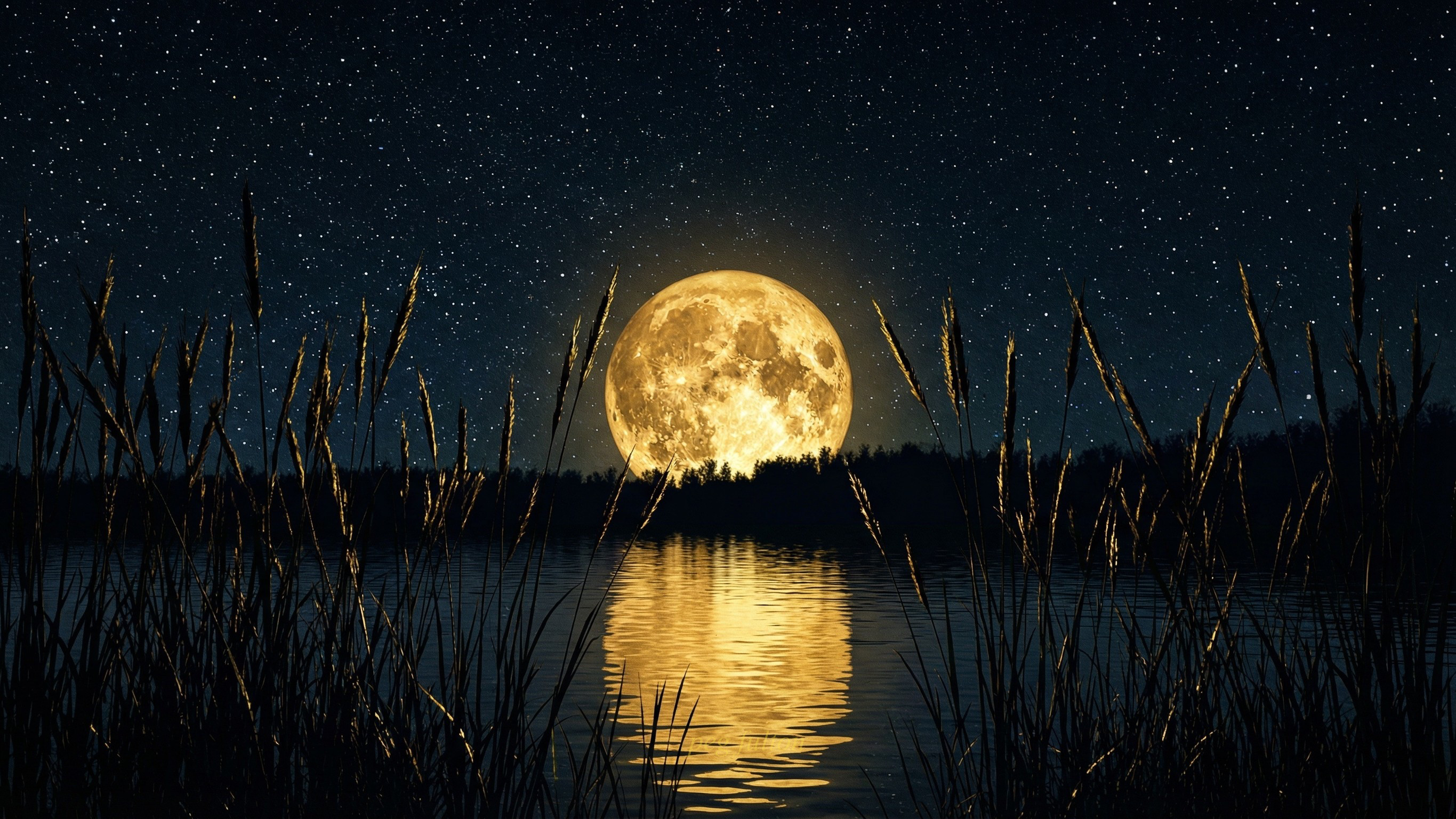 Golden Harvest Moon Over Dark Forest and Calm Lake