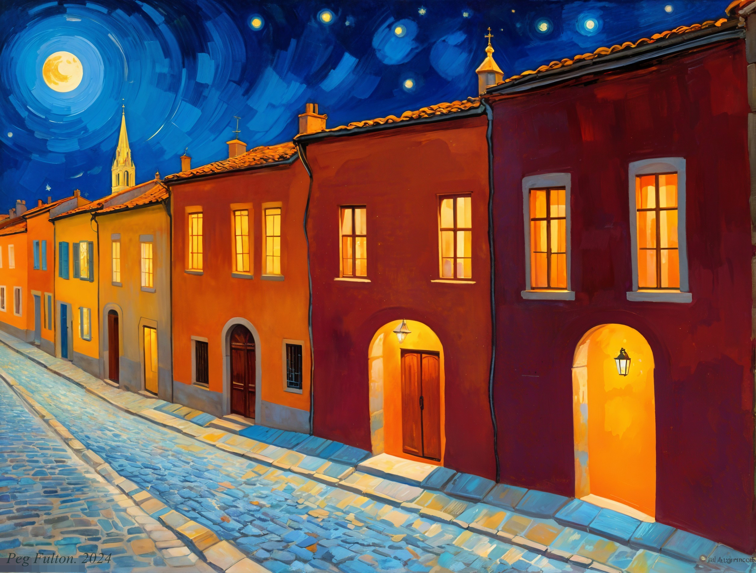 Vibrant Street Scene Under Starry Night Sky