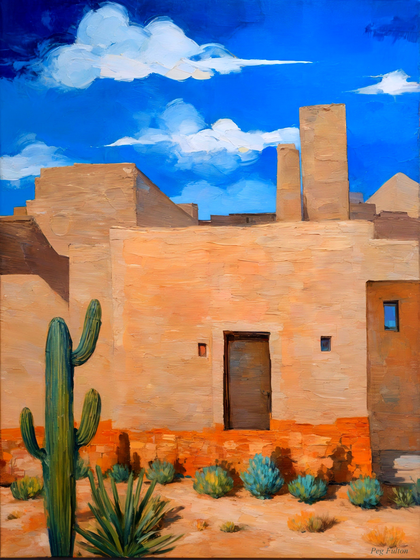 Vibrant Southwestern Desert Scene with Adobe Buildings