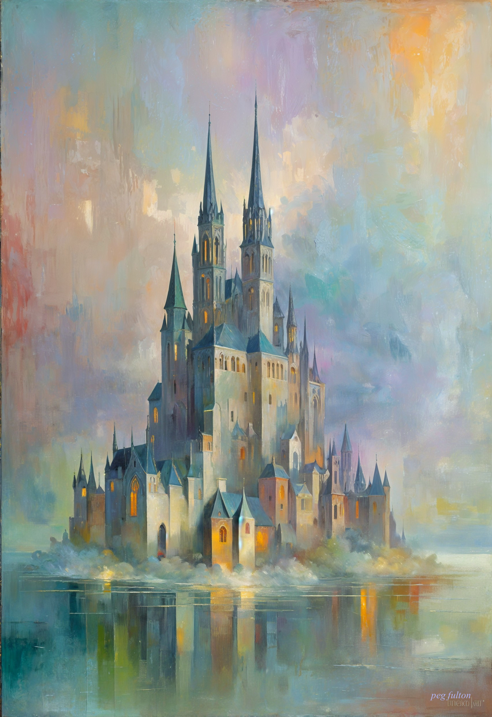 Majestic castle in a misty landscape at sunset
