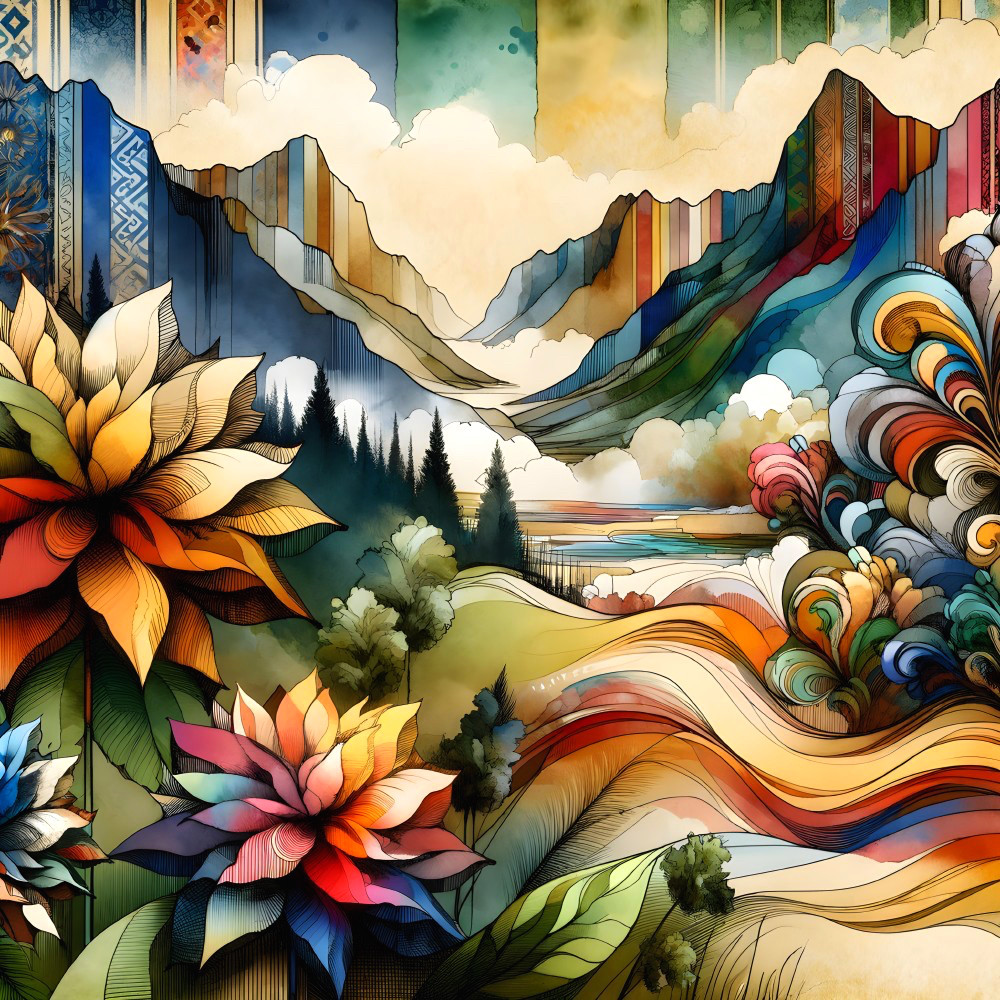 Colorful Abstract Floral Motifs & Whimsical Mountains Landscape