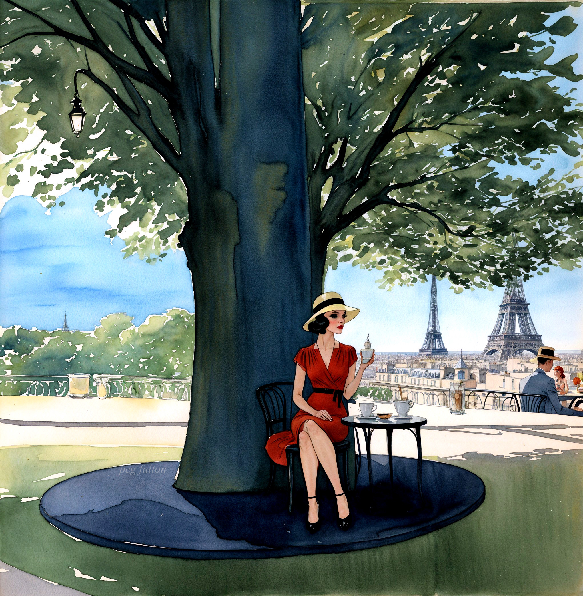 Elegant woman in red dress by Eiffel Tower