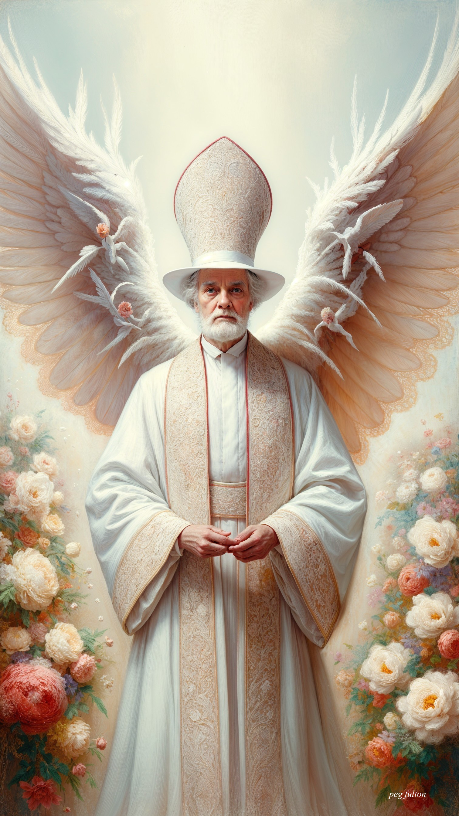 Majestic figure in white robes with ethereal wings