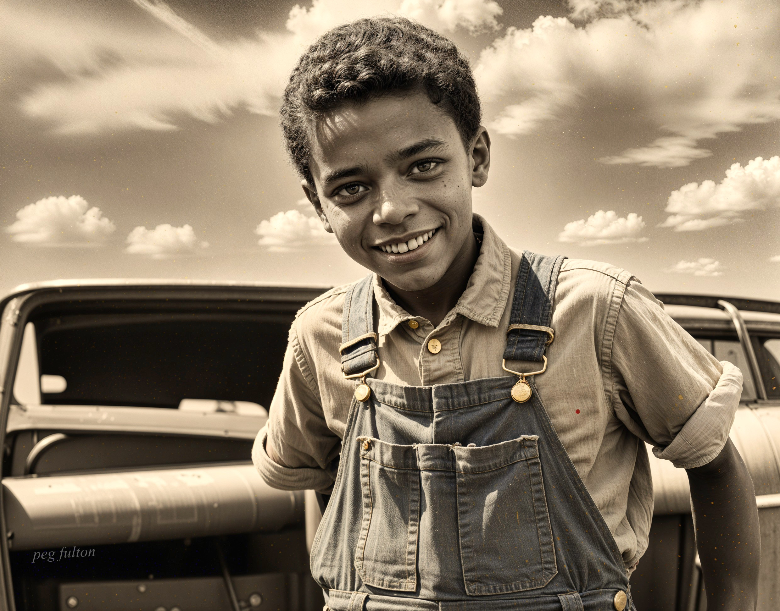 Young Boy in Overalls by Vintage Car with Clouds