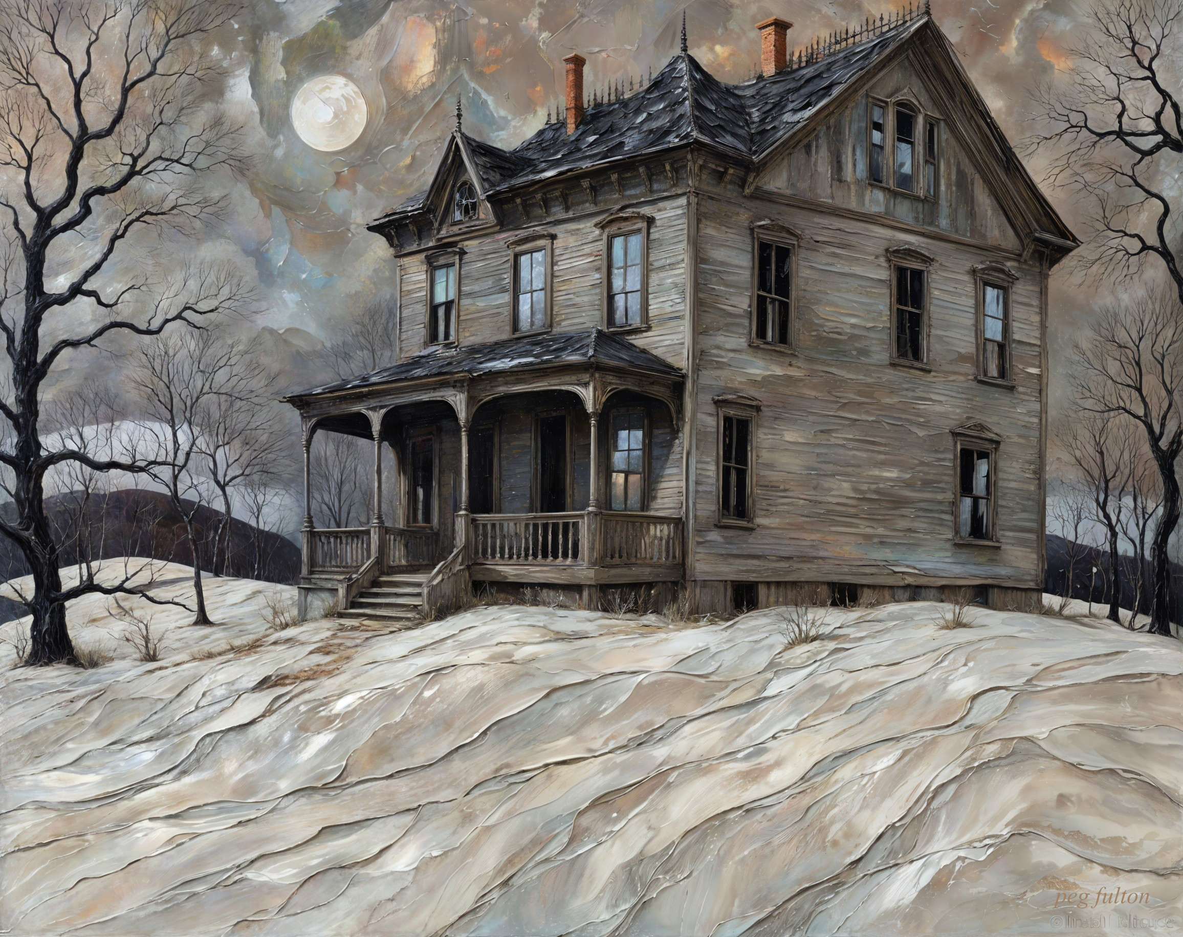 Old Victorian House in Snowy Landscape at Night