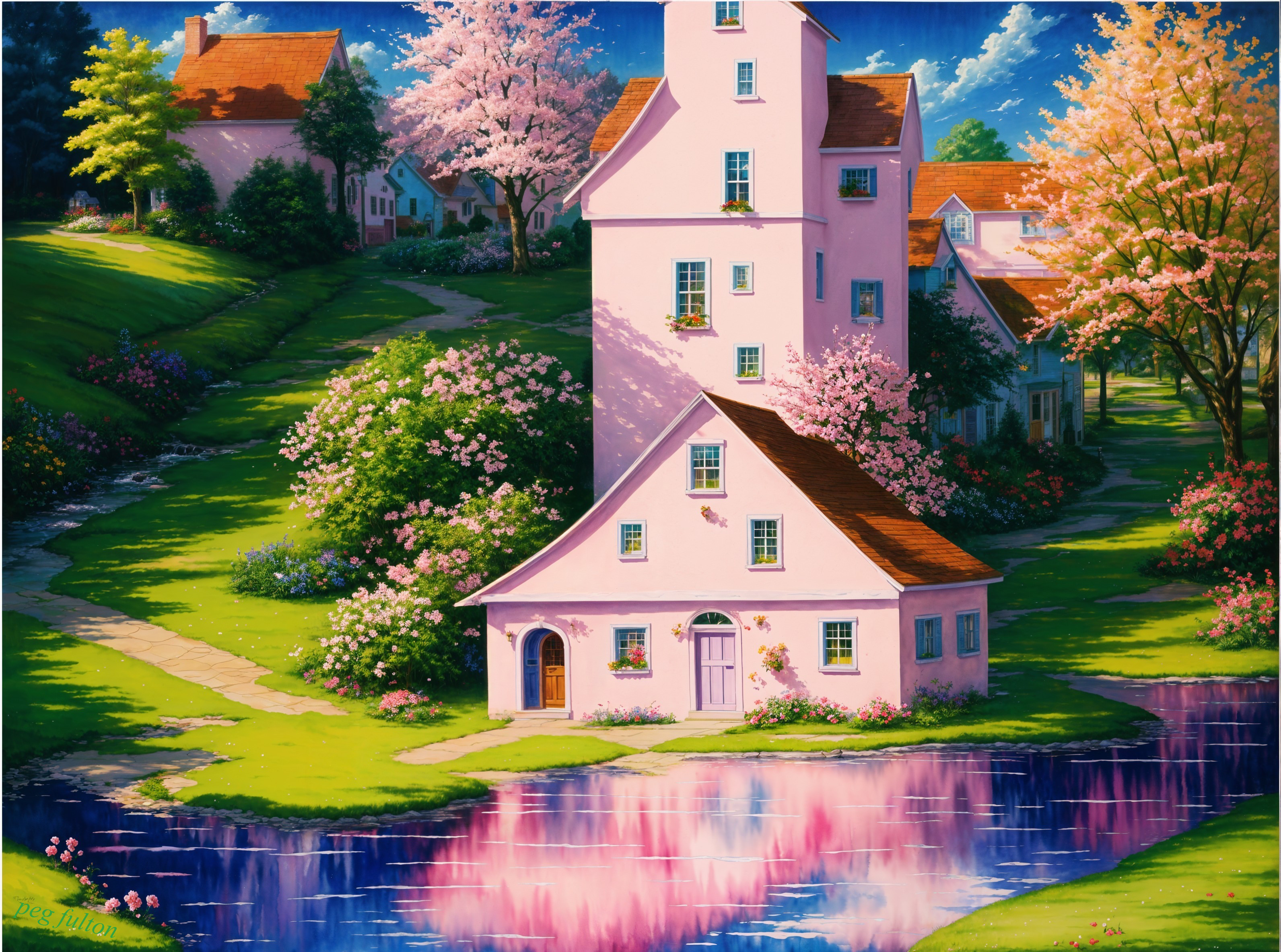 Picturesque Landscape with Pink Houses and Greenery