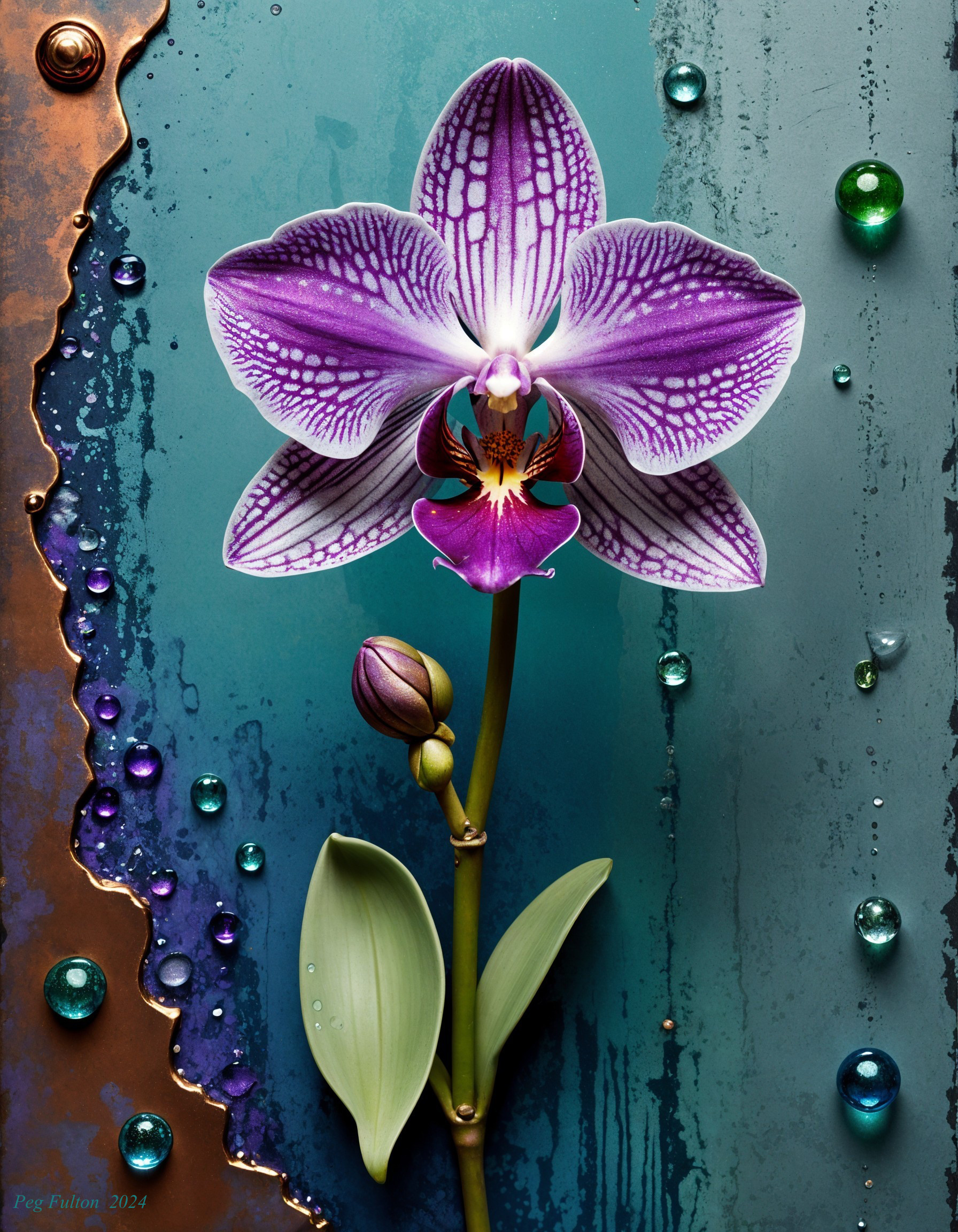 Vibrant Purple Orchid on Blue and Copper Background
