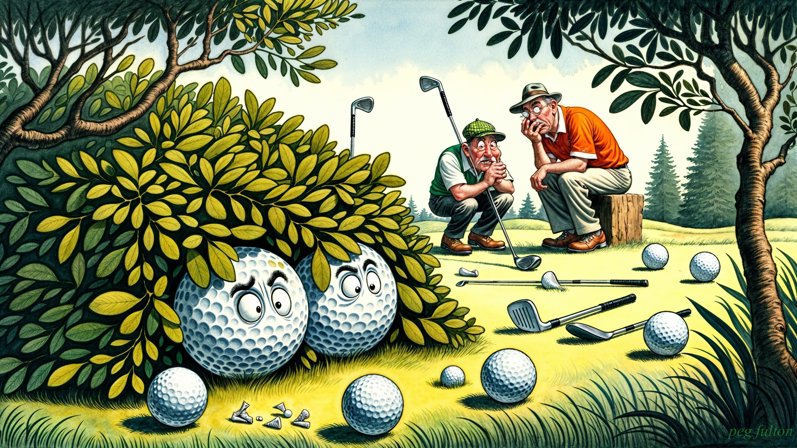 Golfers and Anxious Golf Balls in a Humorous Scene
