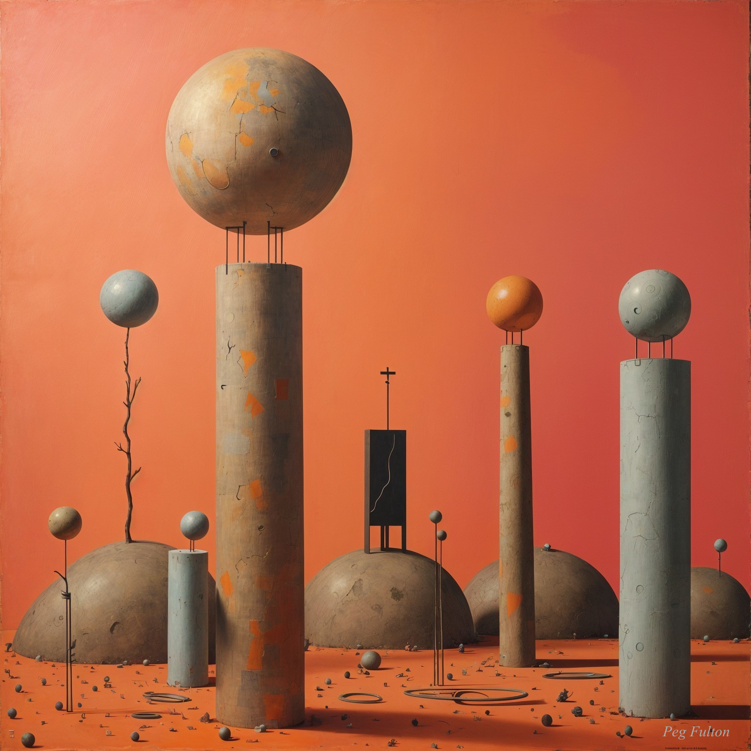 Surreal Columns in Arid Landscape Under Orange Sky