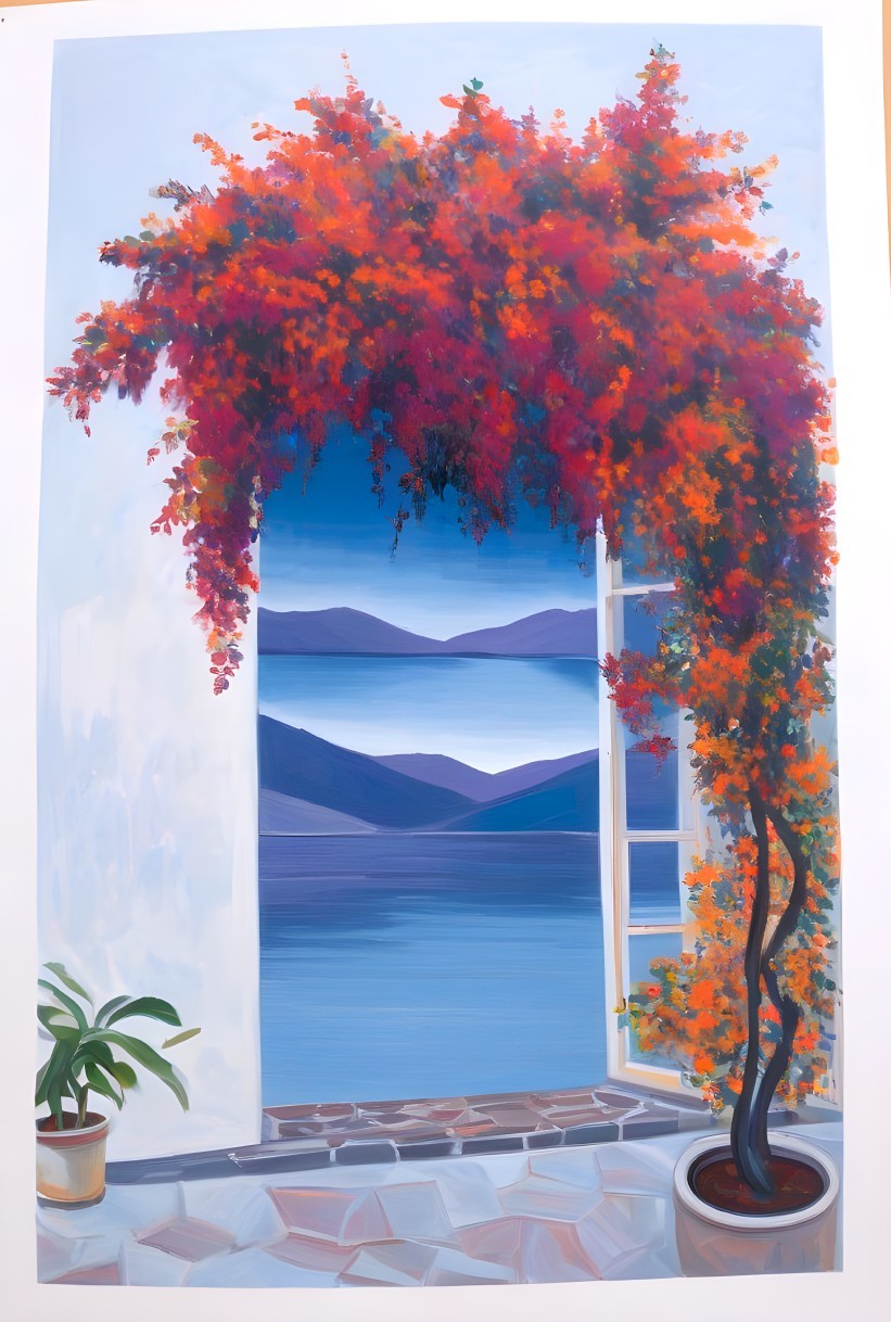 Vibrant Window View with Bougainvillea and Lake