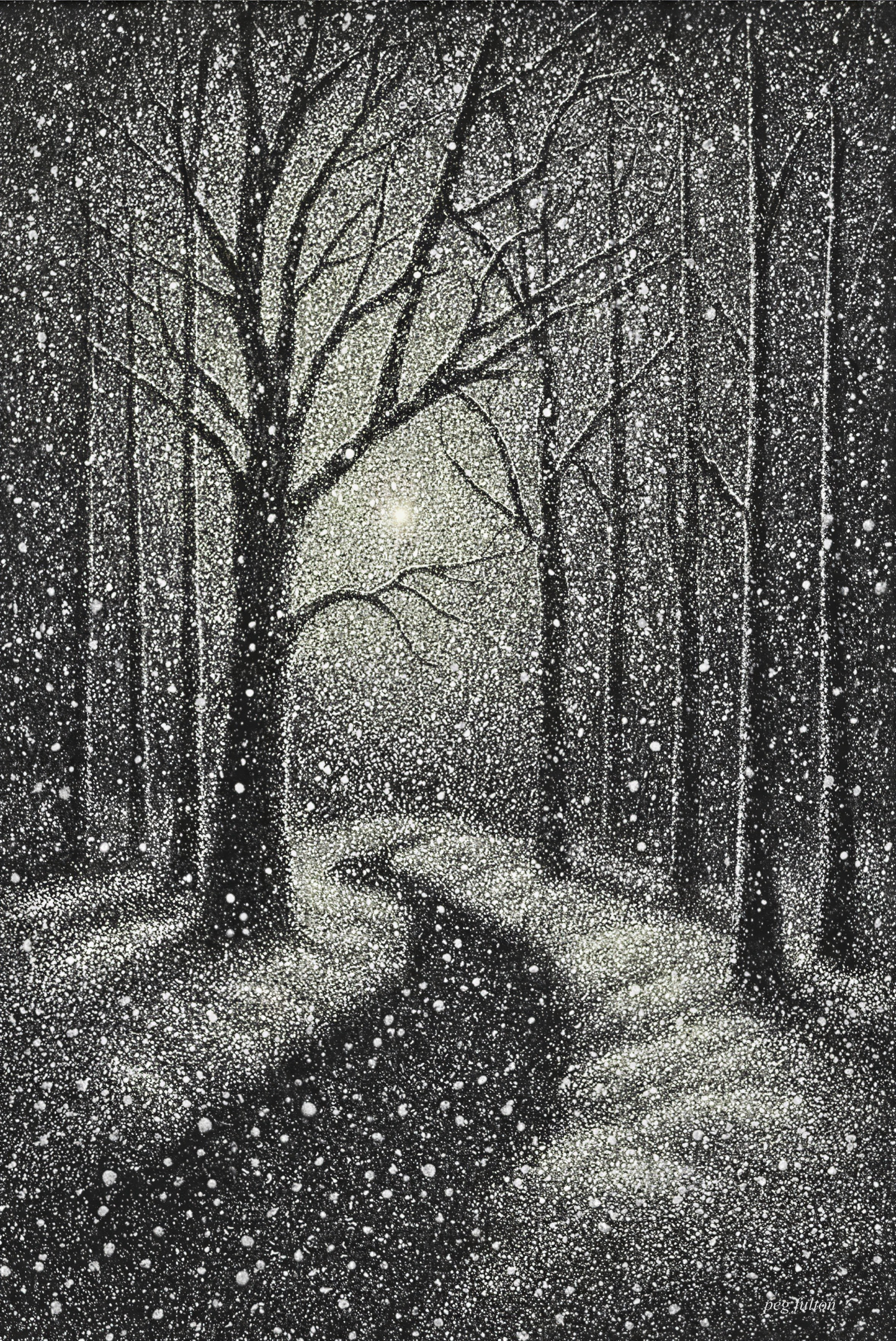 Whimsical Nighttime Forest Scene in Pen and Ink Stippling