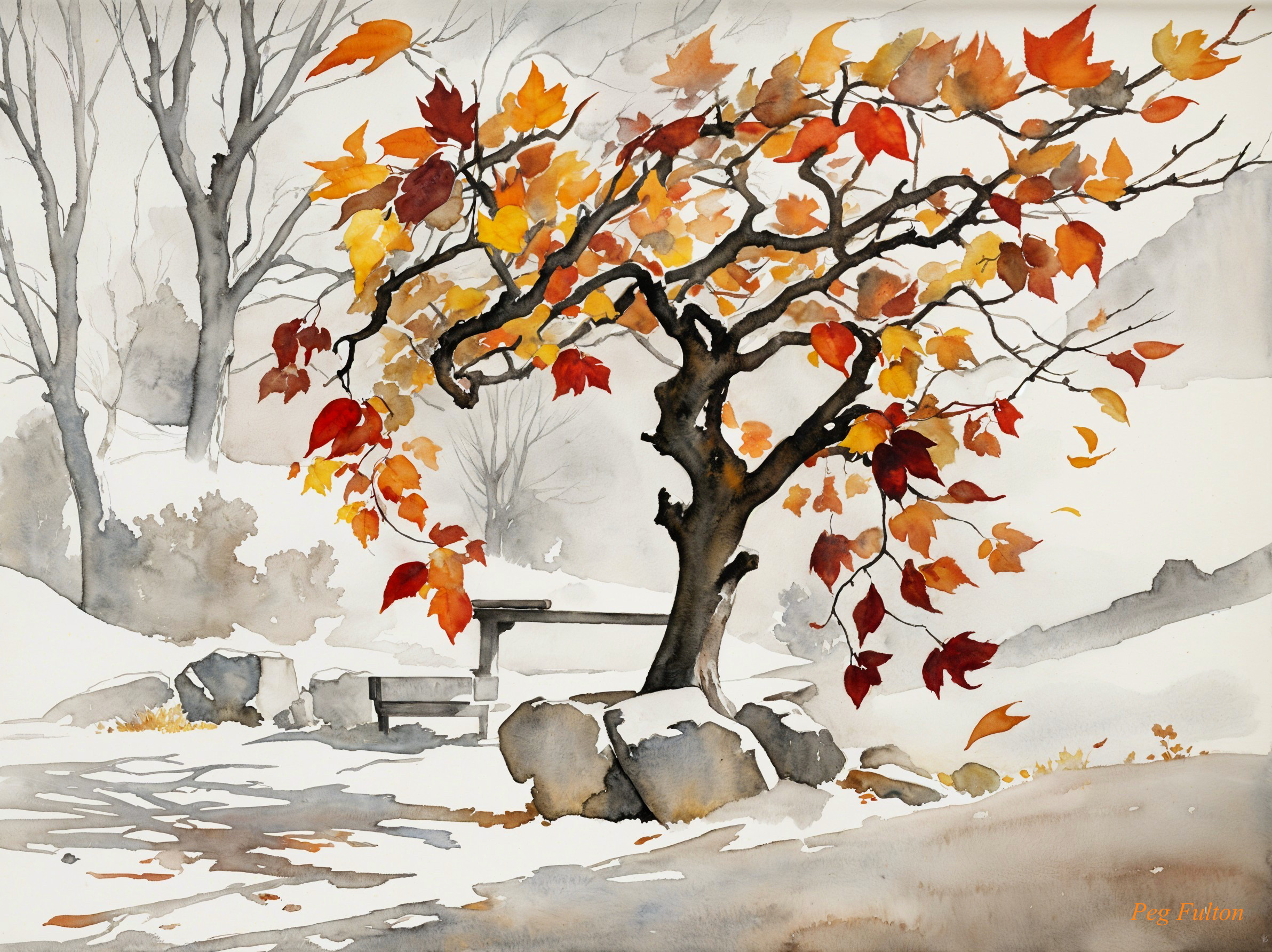 Watercolor Landscape of Autumn Tree and Pathway