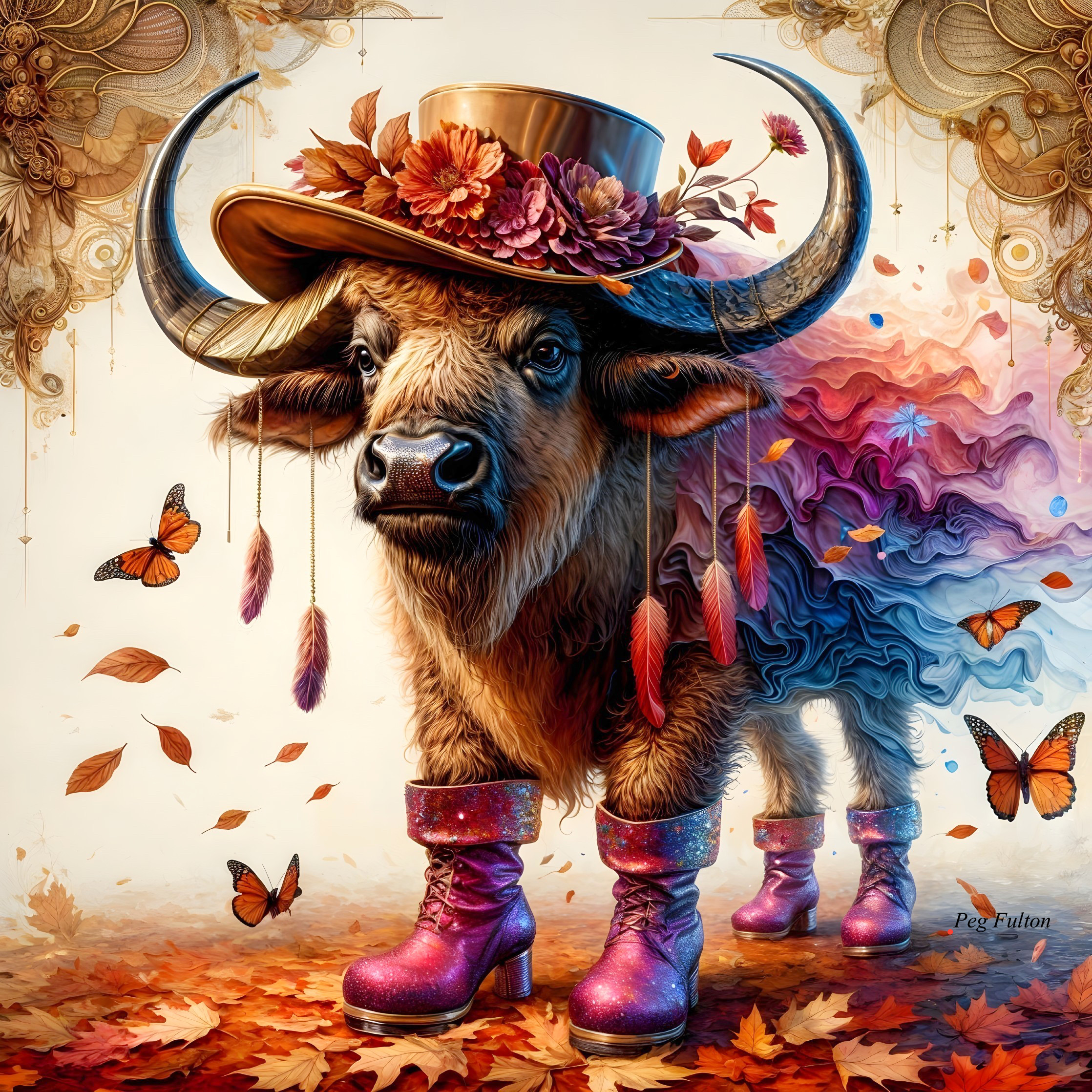 Whimsical Cow in Floral Hat and Ruffled Skirt