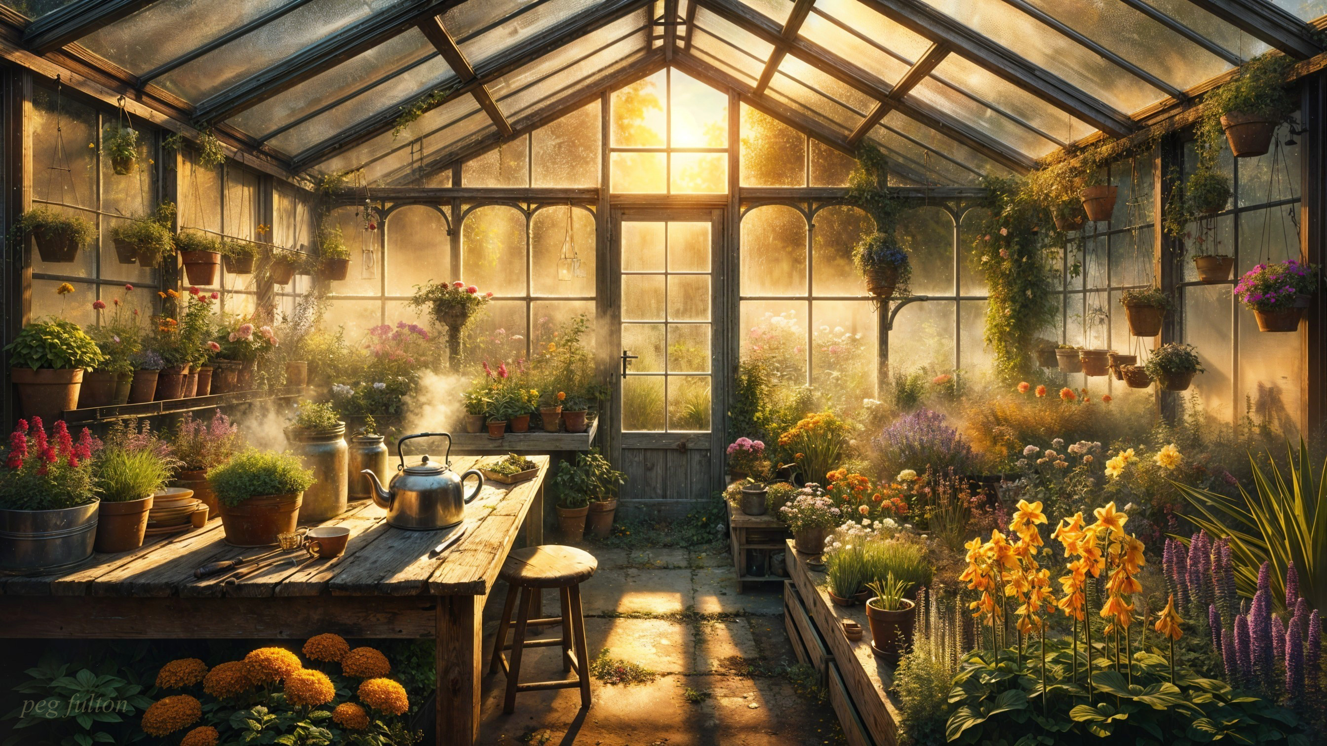 Serene greenhouse with blooming flowers and cozy decor