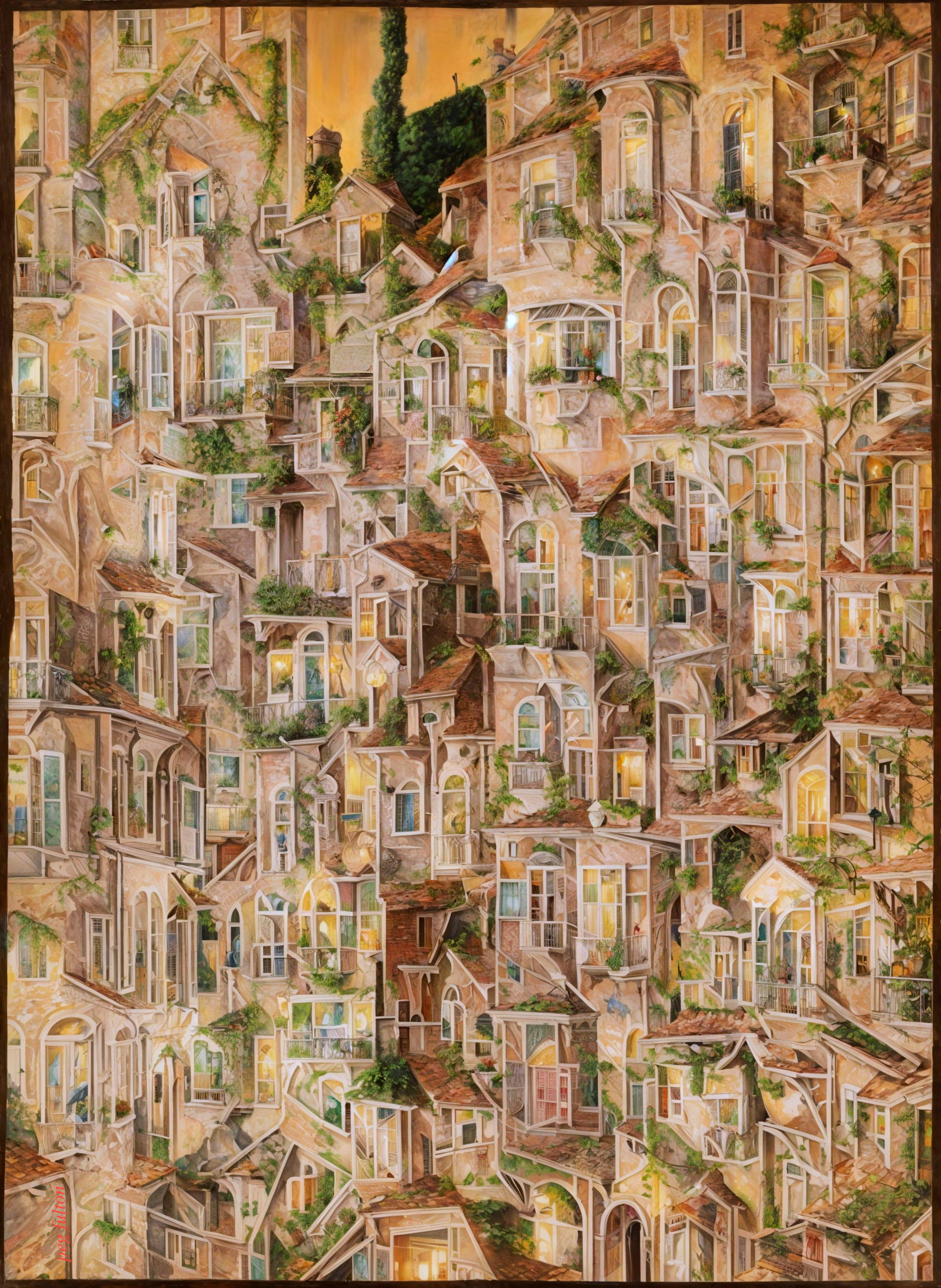 Intricate Urban Architecture with Houses and Greenery