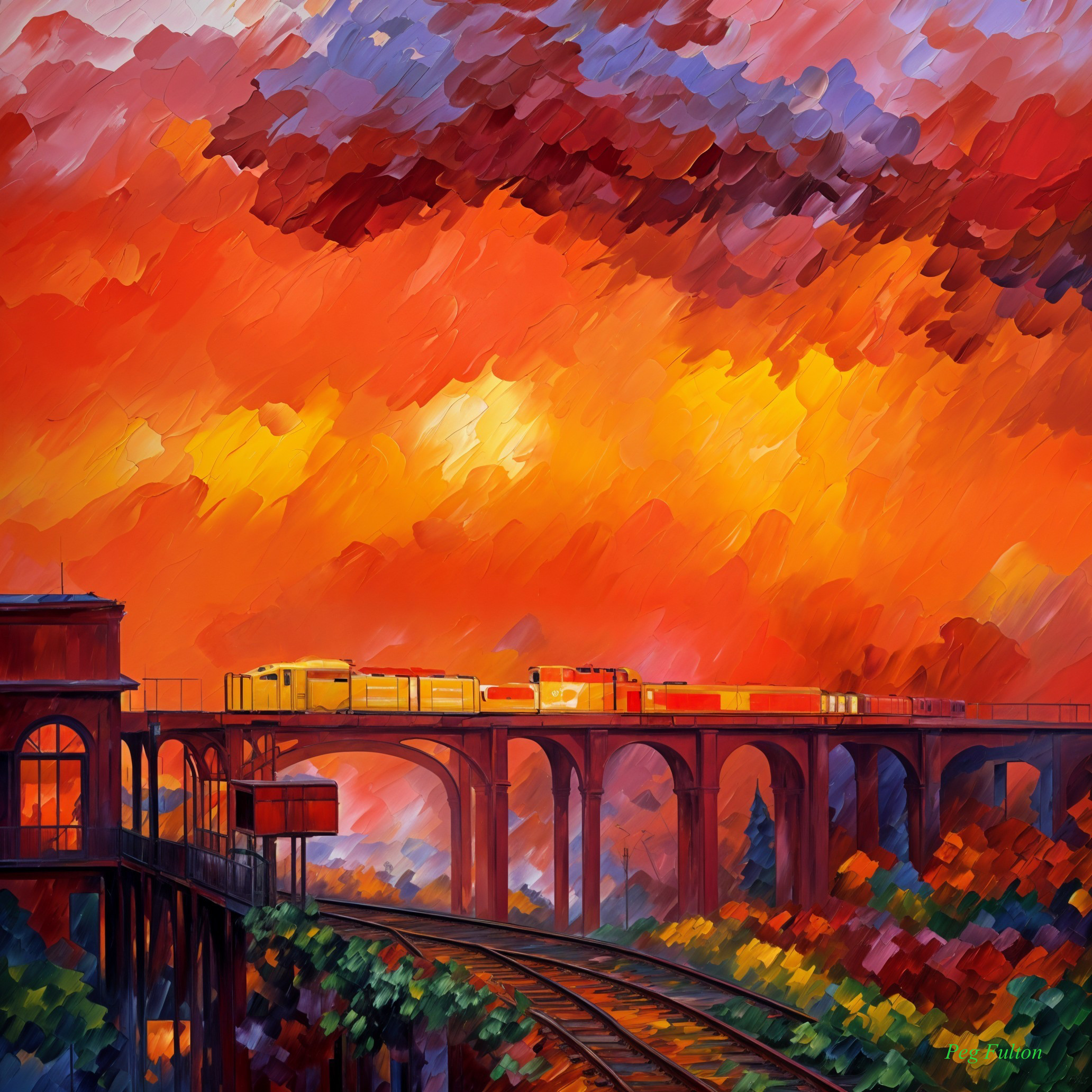 Impressionistic Train Scene at Sunset Over Bridge