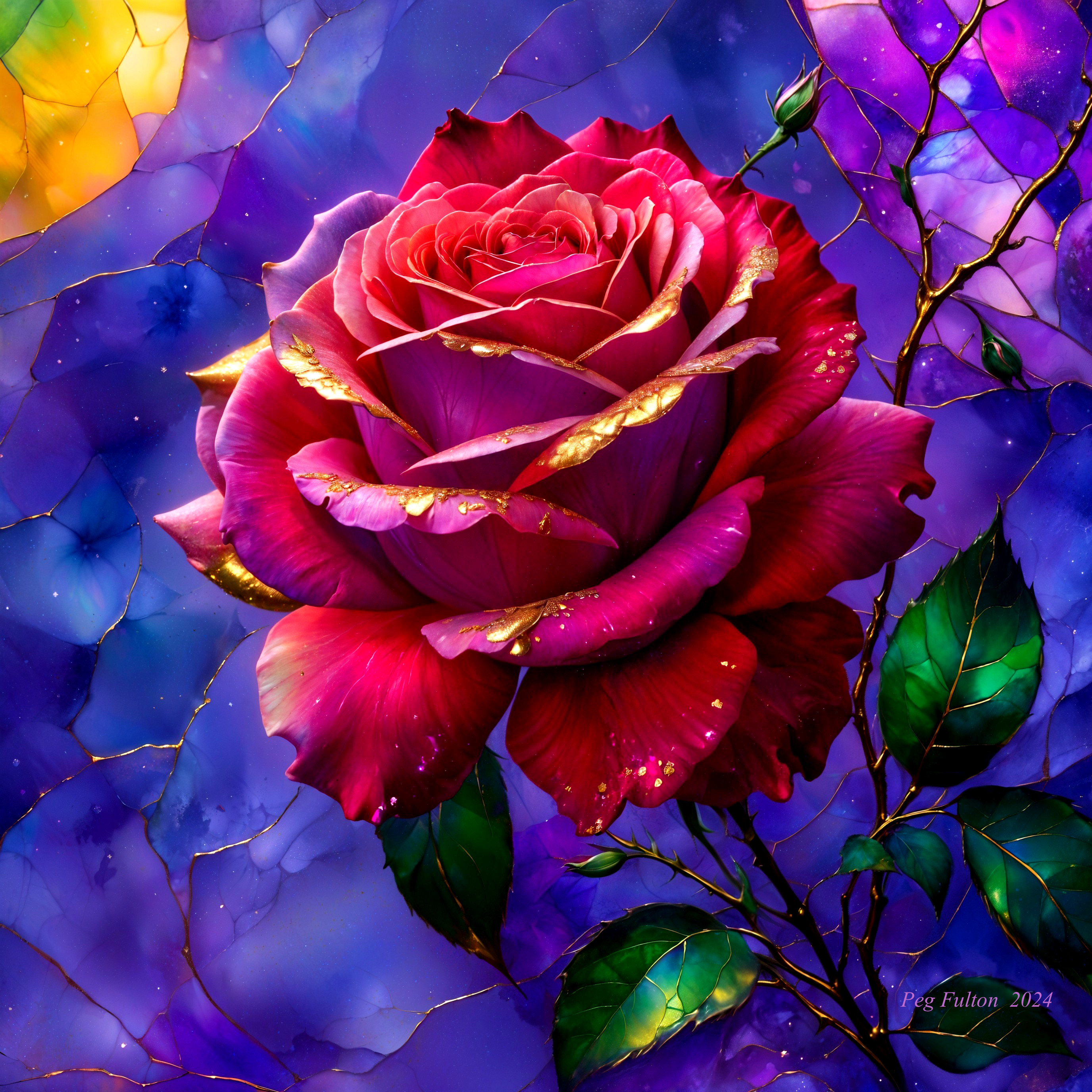 Vibrant Rose with Golden Accents and Colorful Background