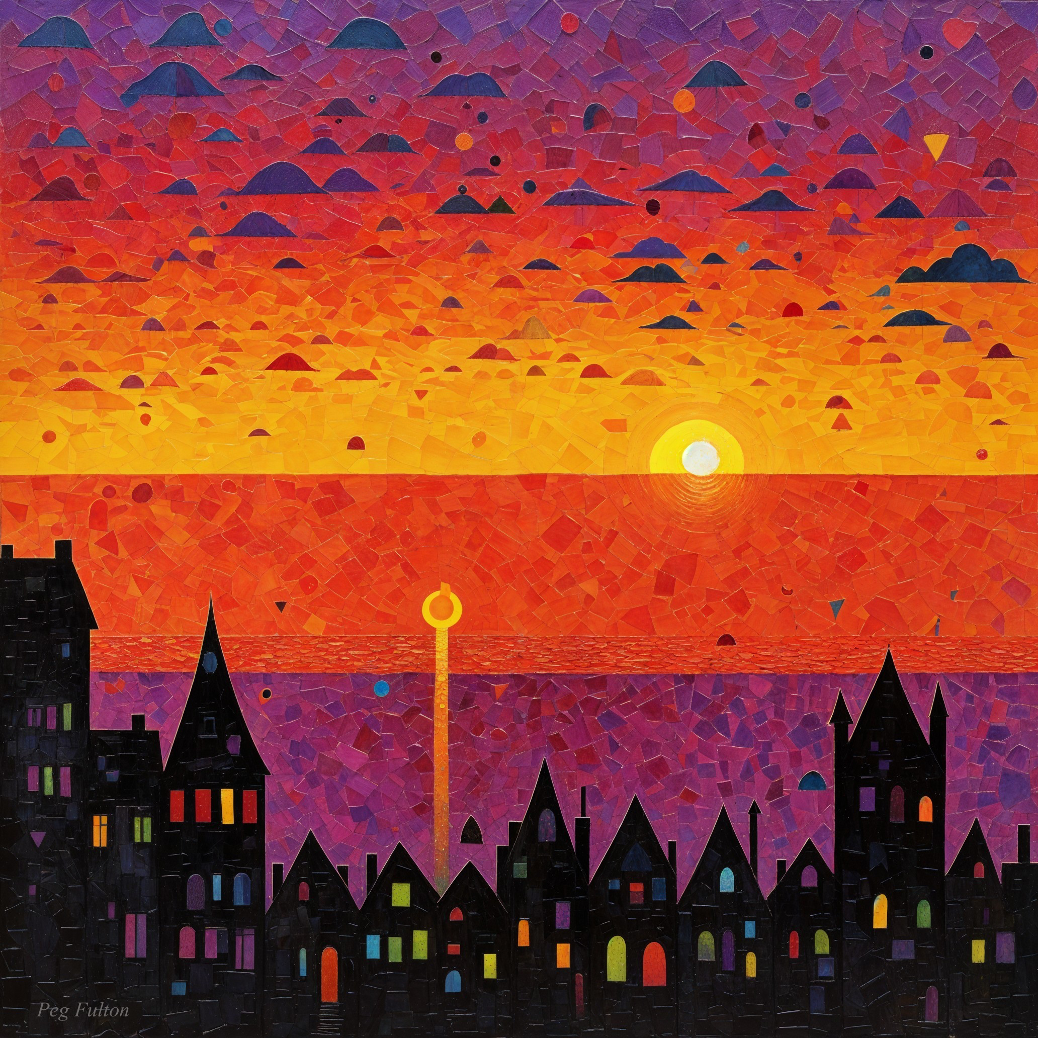 Vibrant Sunset Over Whimsical Town Silhouette
