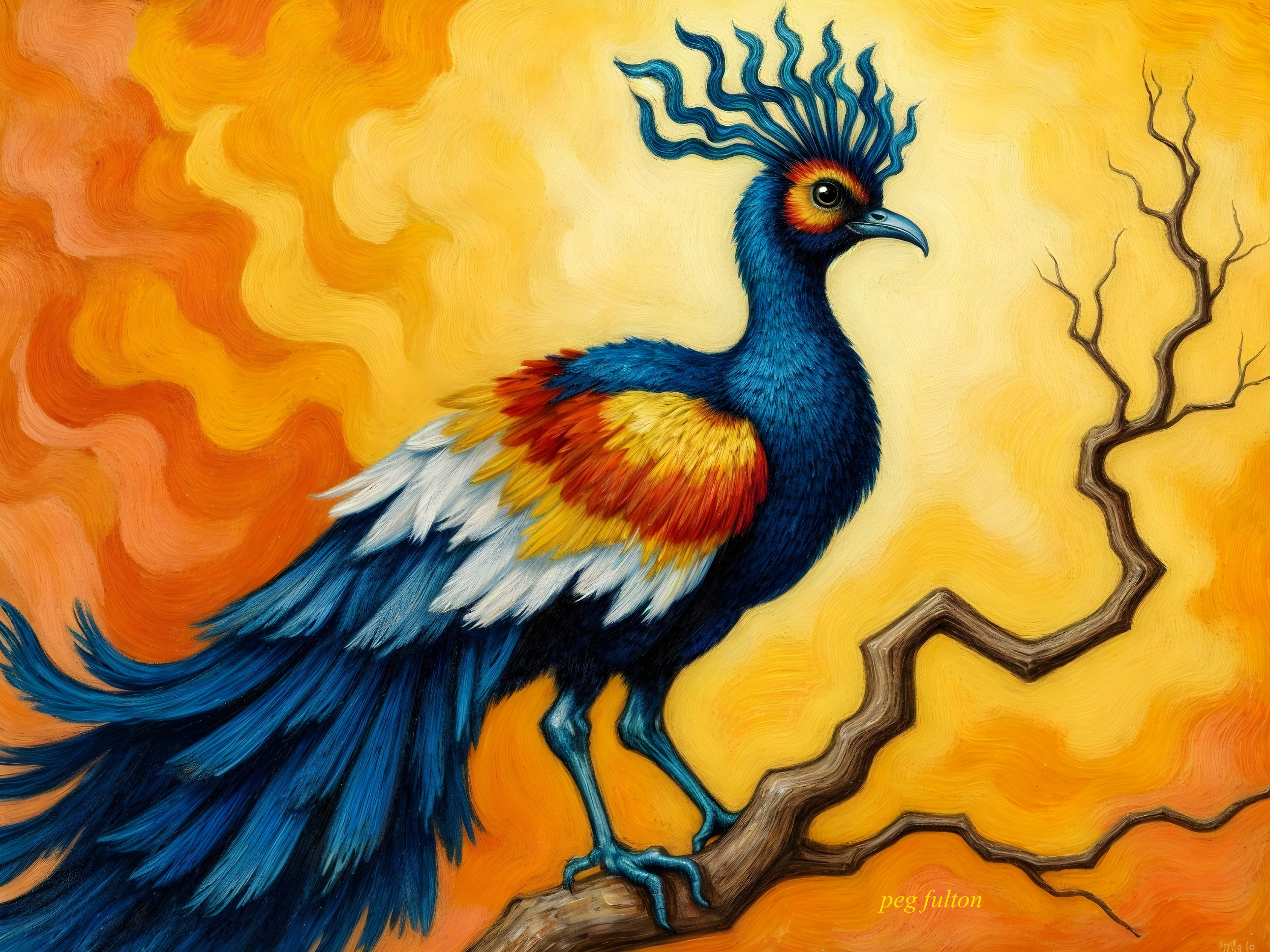 Vividly Colored Bird on Gnarled Branch with Warm Hues