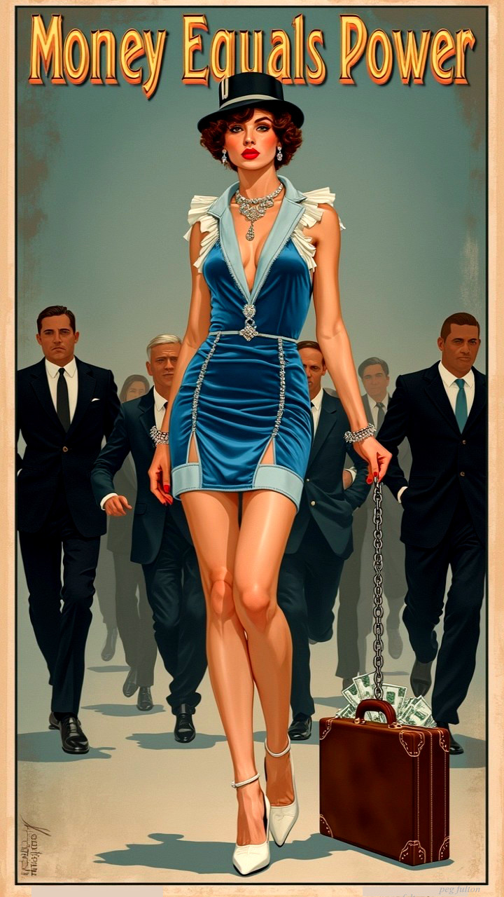 Confident Woman in Blue Dress with Briefcase of Cash