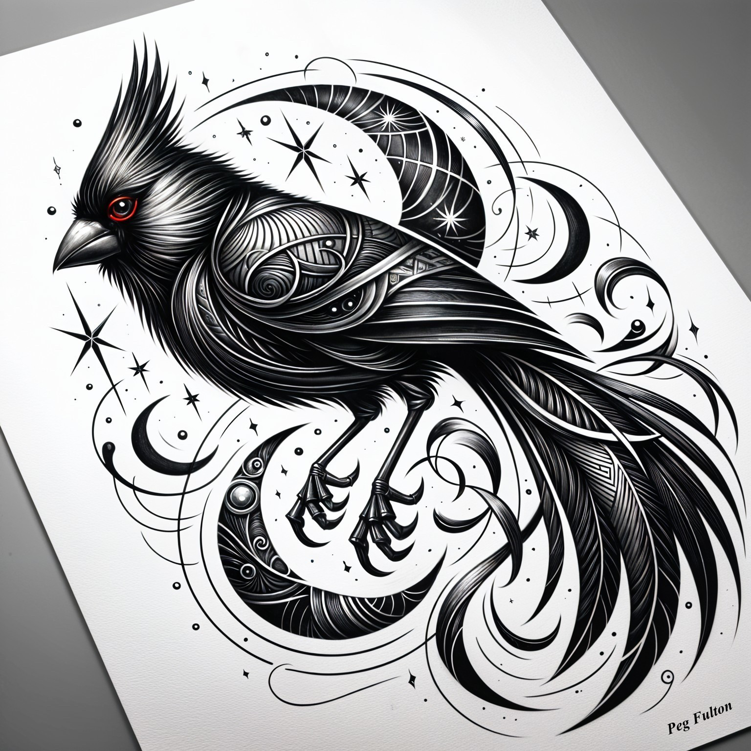 Stylized Black Bird with Celestial Background Elements