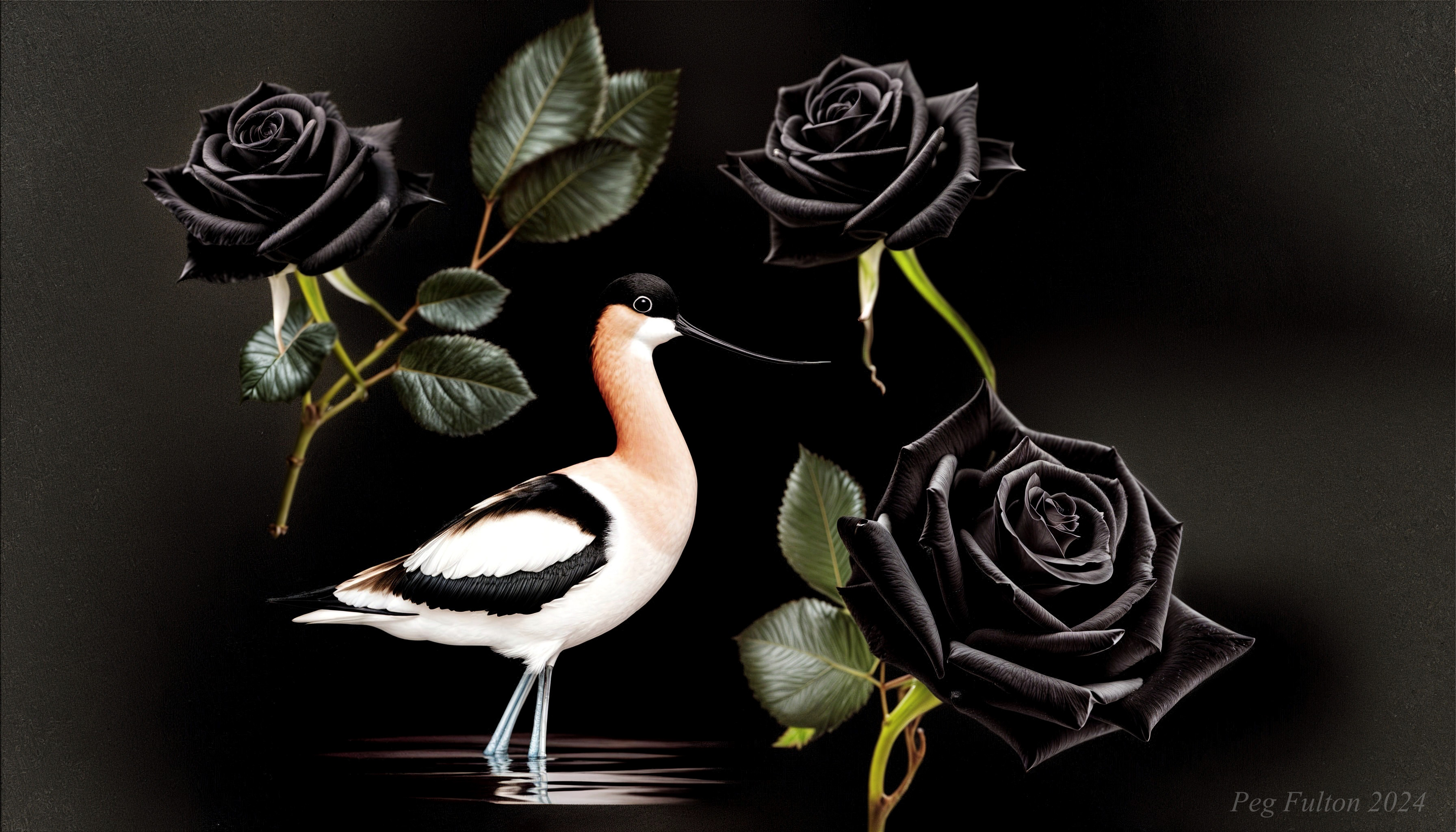 Black and White Bird with Roses in Shallow Water