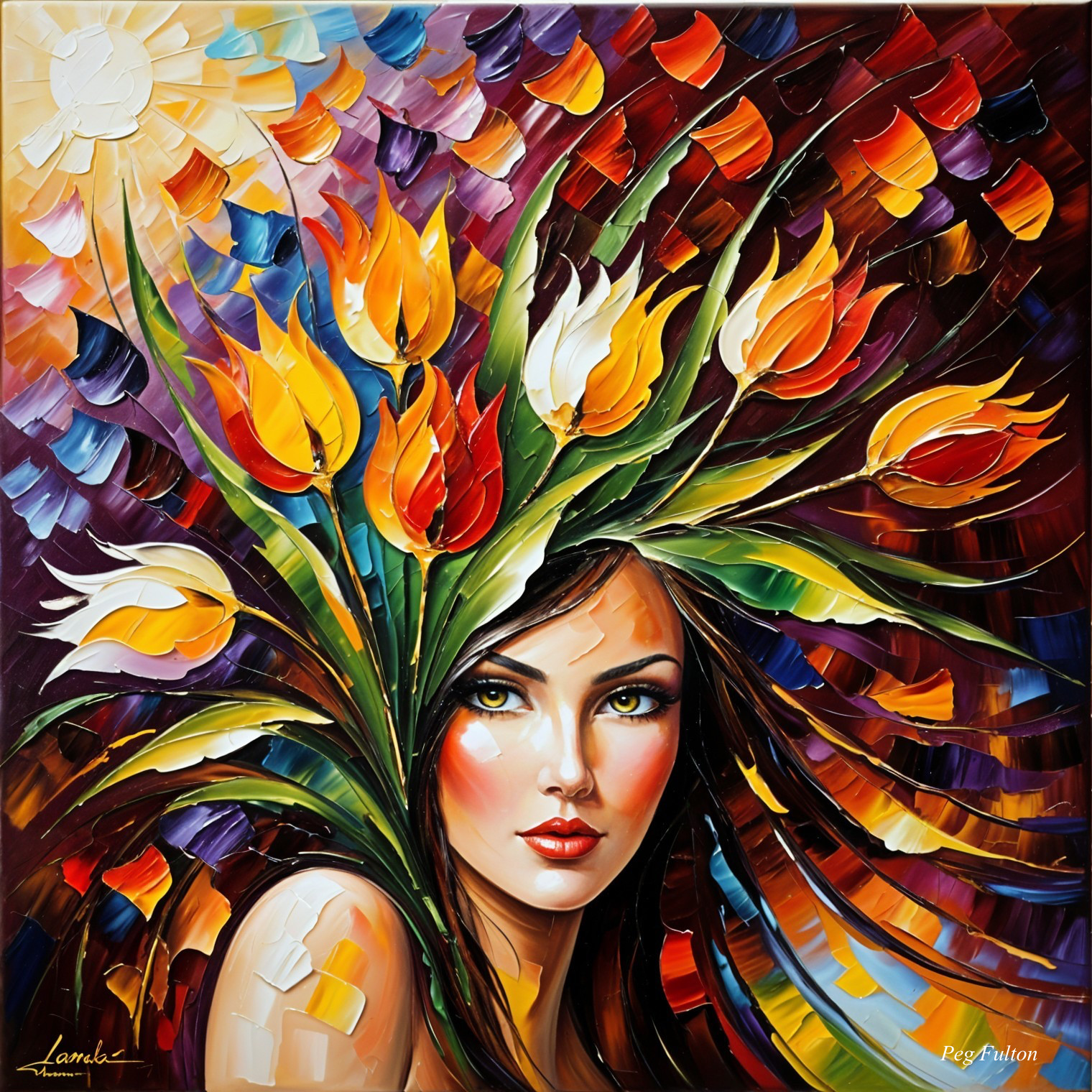 Colorful portrait of a woman with green eyes and flowers