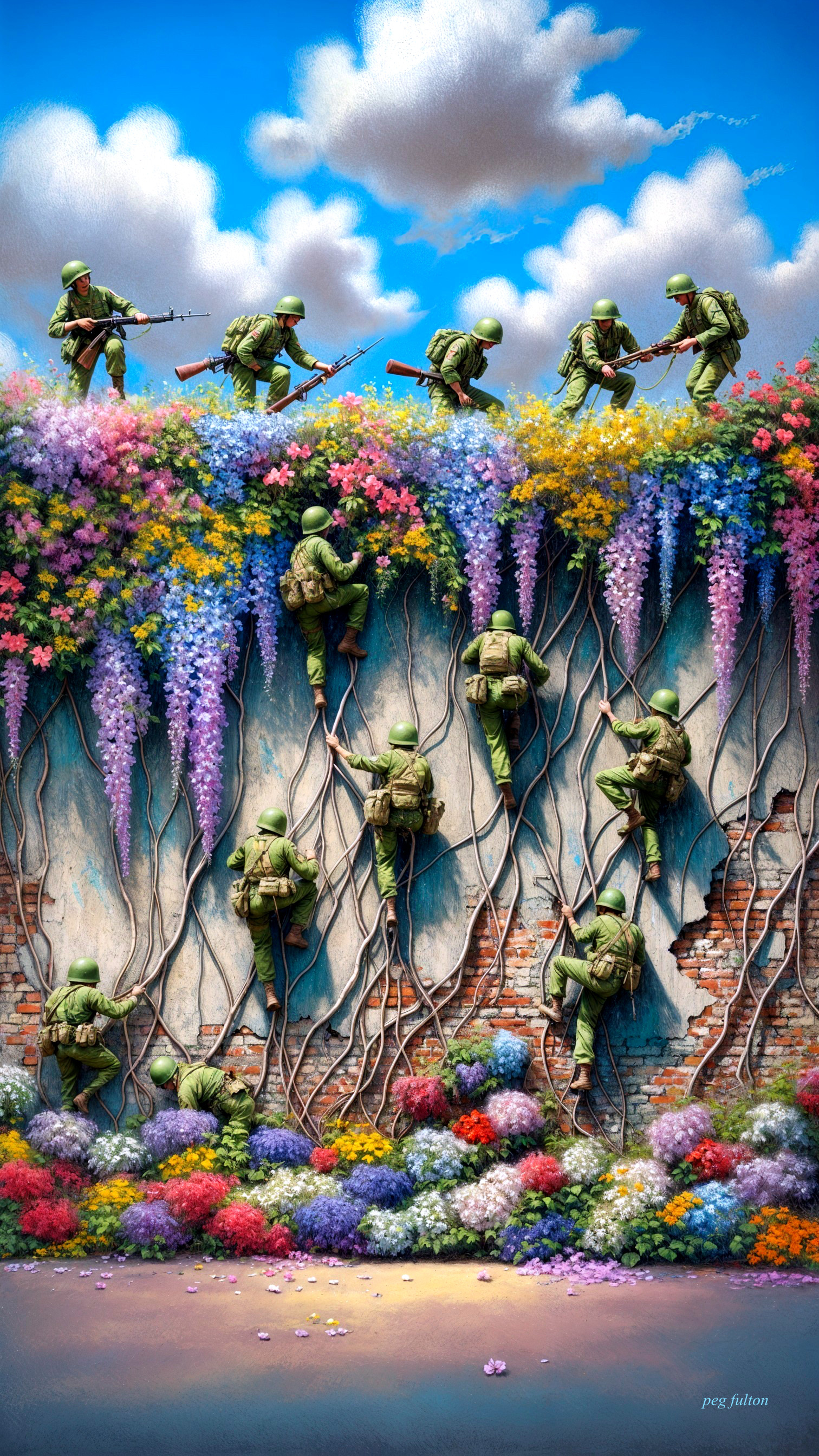 Mural of Soldiers Among Colorful Flowers and Vines