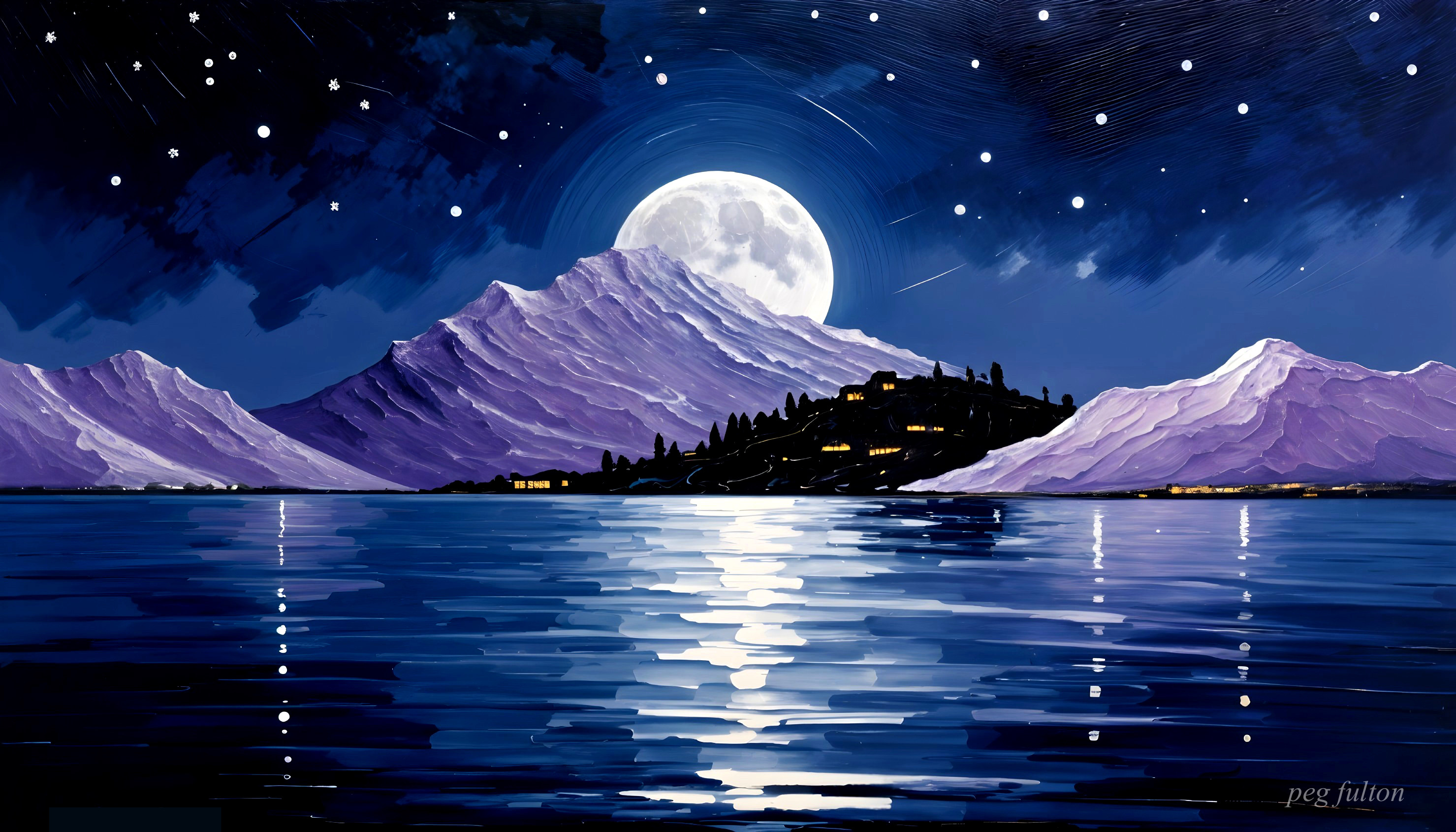 Serene Night Landscape with Purple Mountains and Moonlight