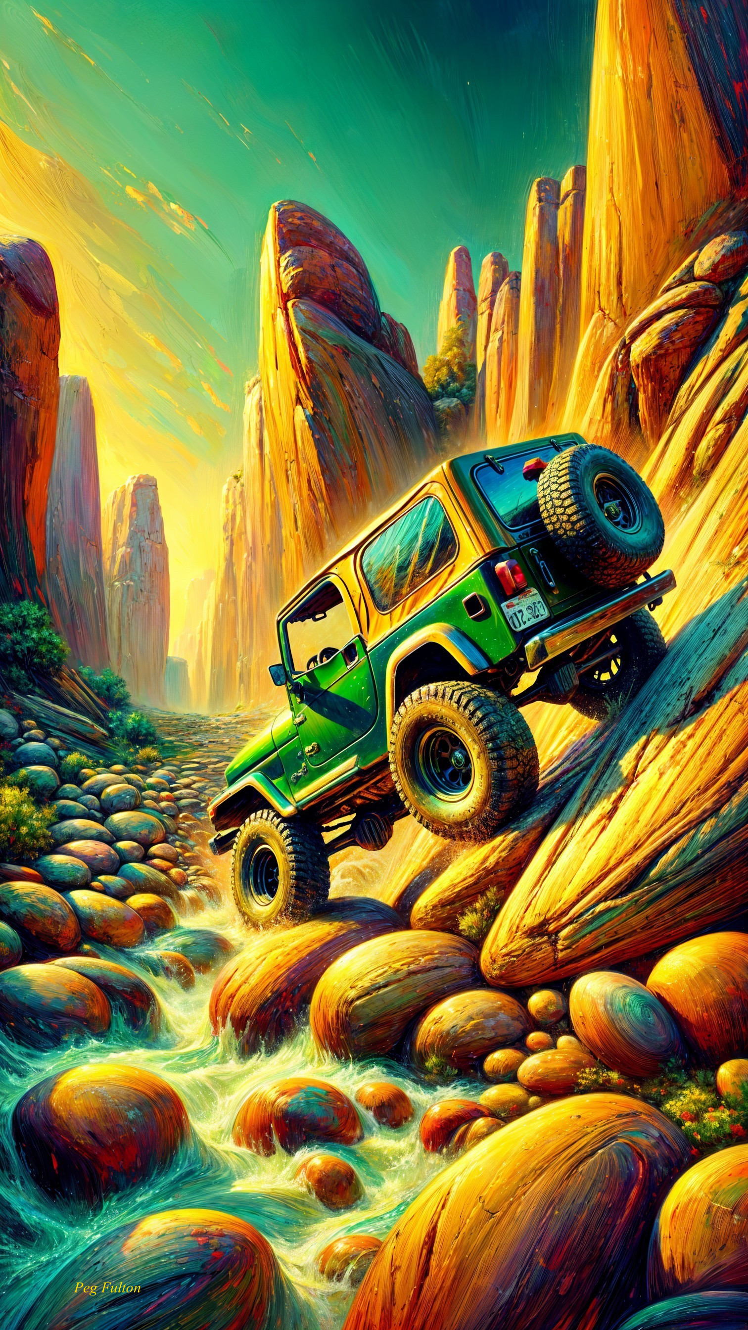 Stylized Illustration of Off-Road Vehicle in Nature