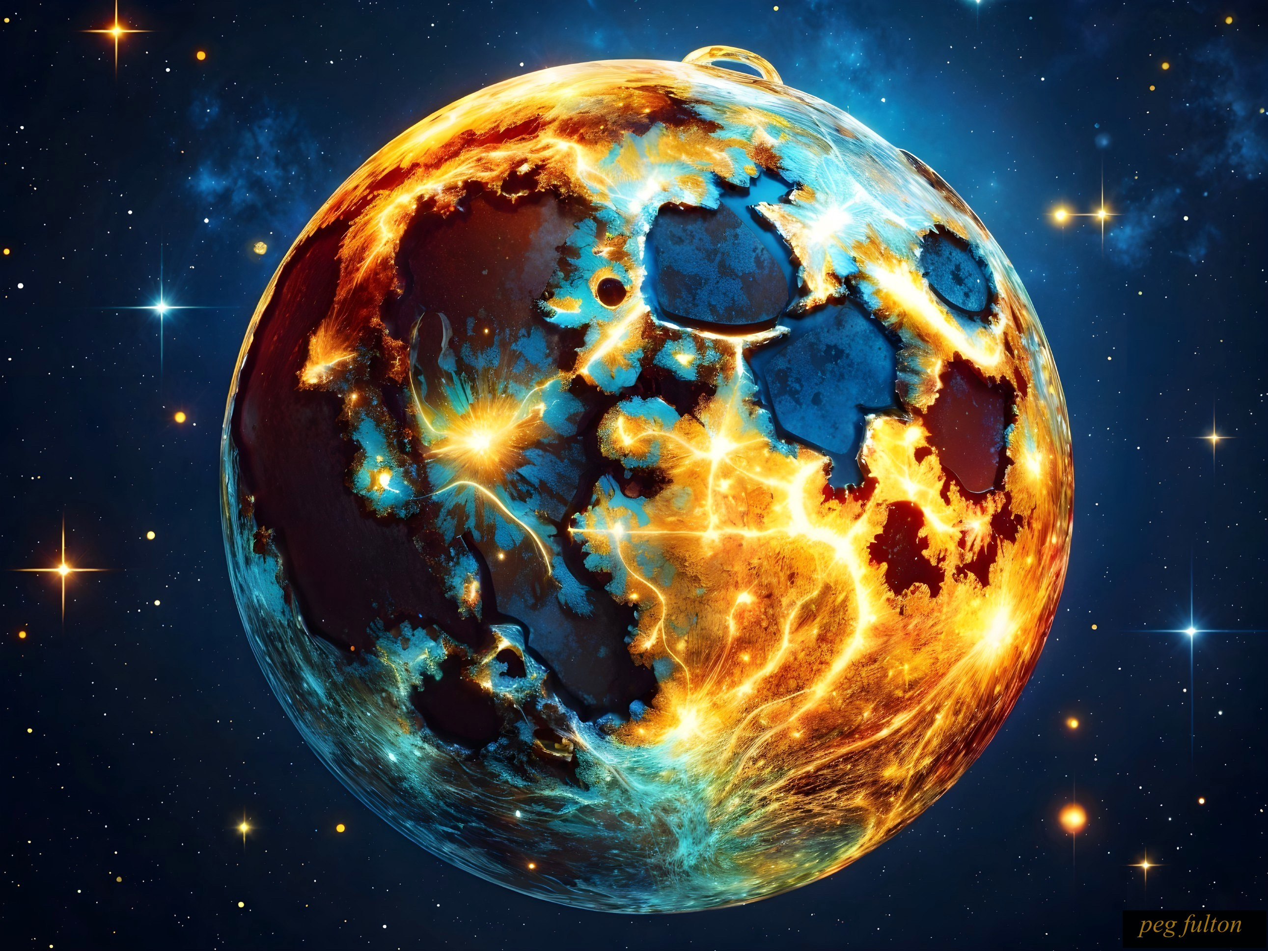 Vividly Colored Planet with Fiery Hues in Deep Space