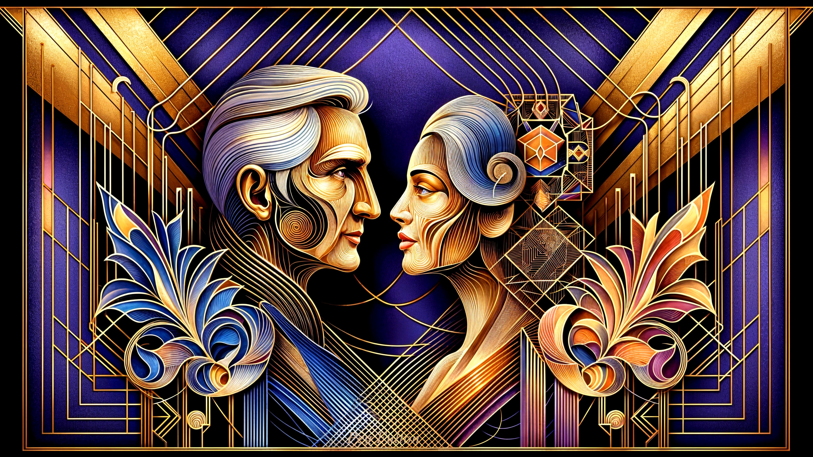 Stylized Portrait of Man and Woman with Floral Motifs