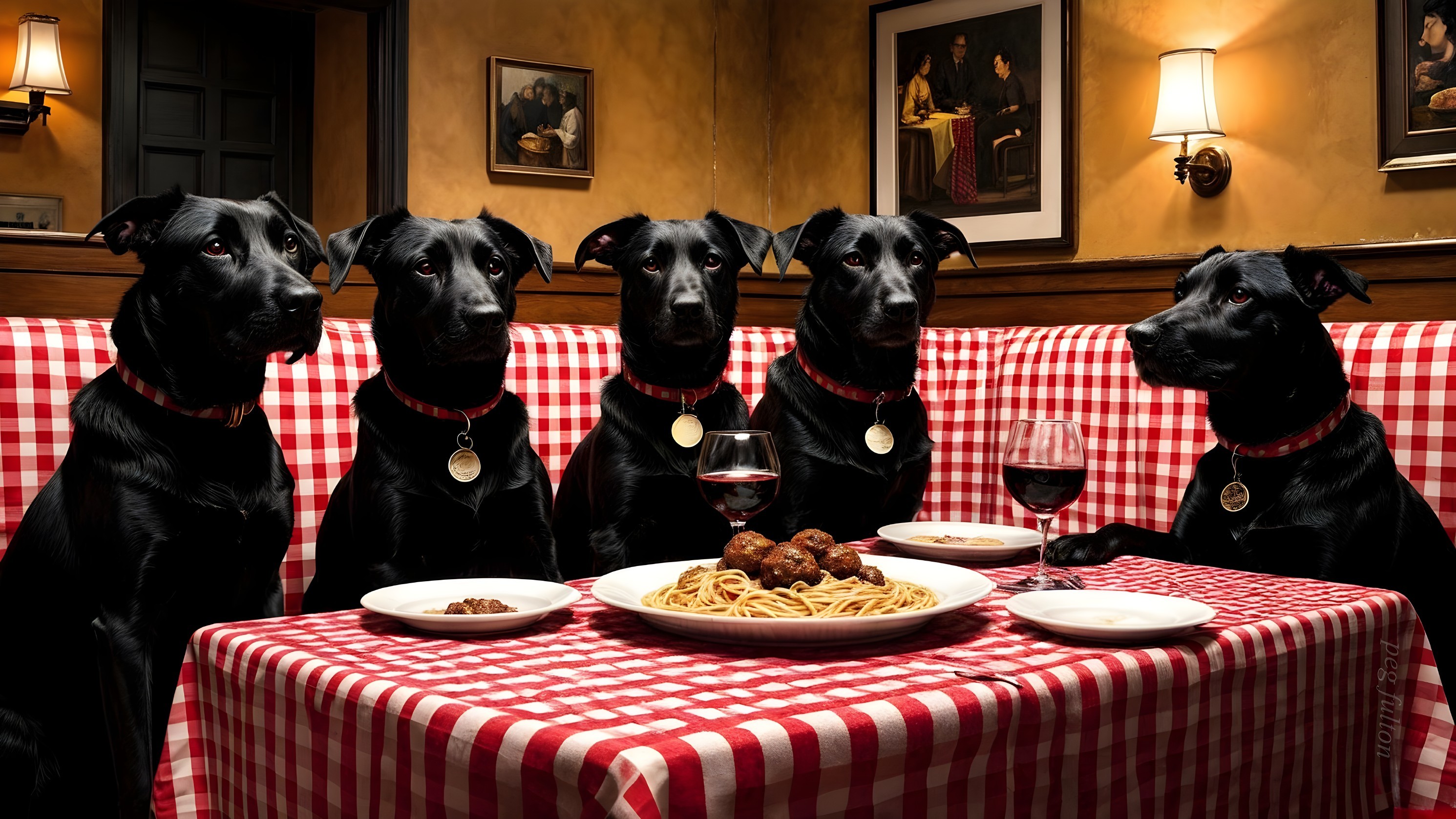 Whimsical Dinner Scene with Five Dogs and Spaghetti