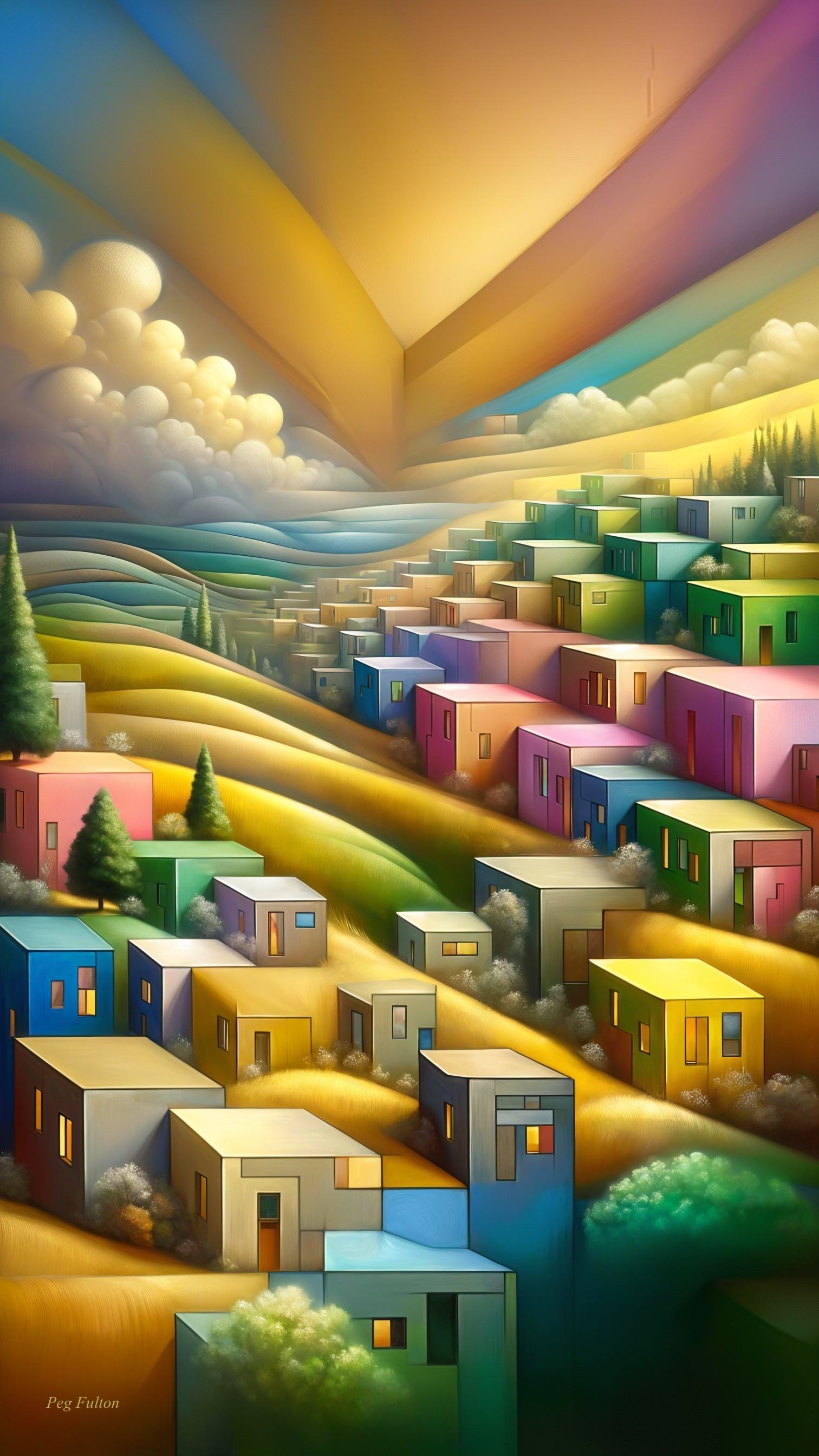 Surreal Landscape with Colorful Houses and Dramatic Sky
