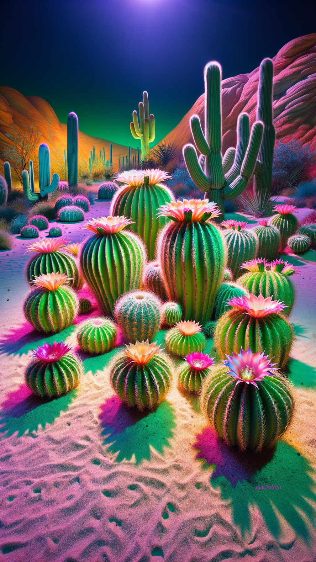 Vibrant Desert Landscape with Colorful Cacti and Flowers