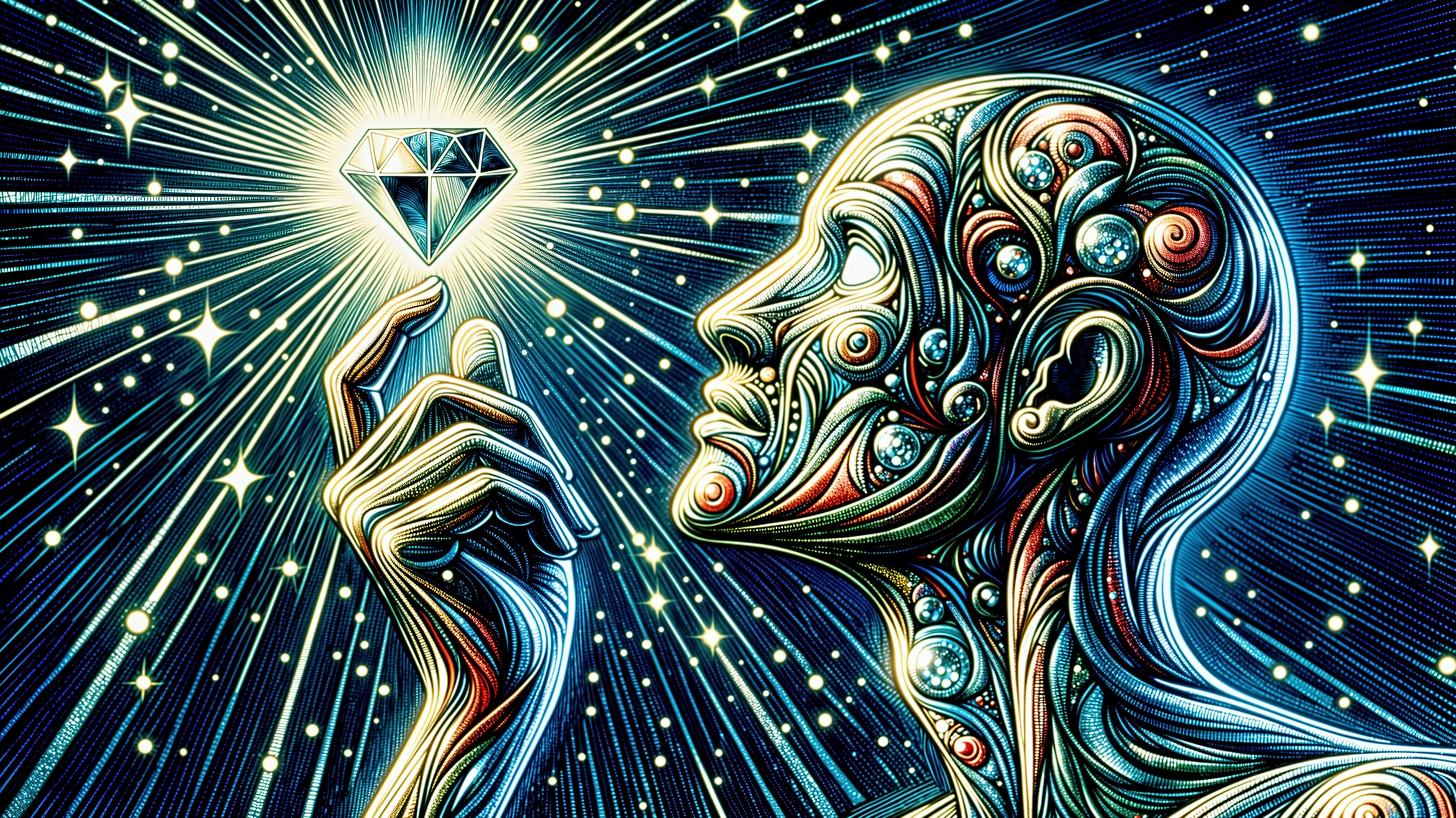 Surreal Figure with Diamond in Cosmic Background