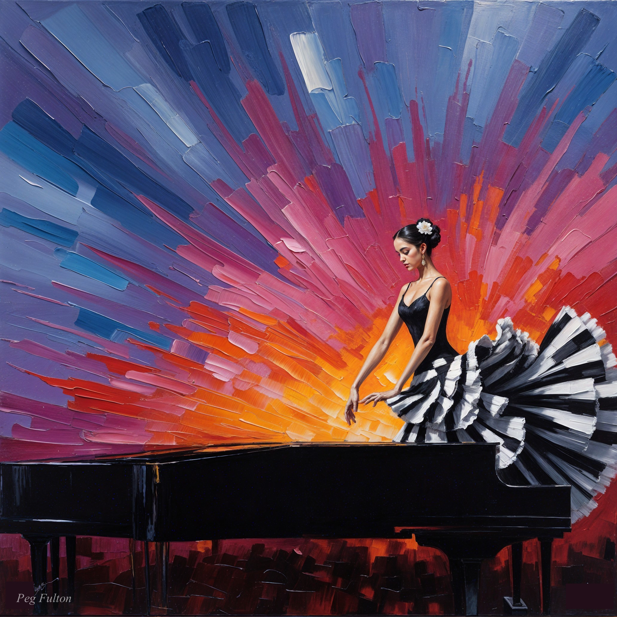 Vibrant Oil Painting of Ballerina Over Grand Piano